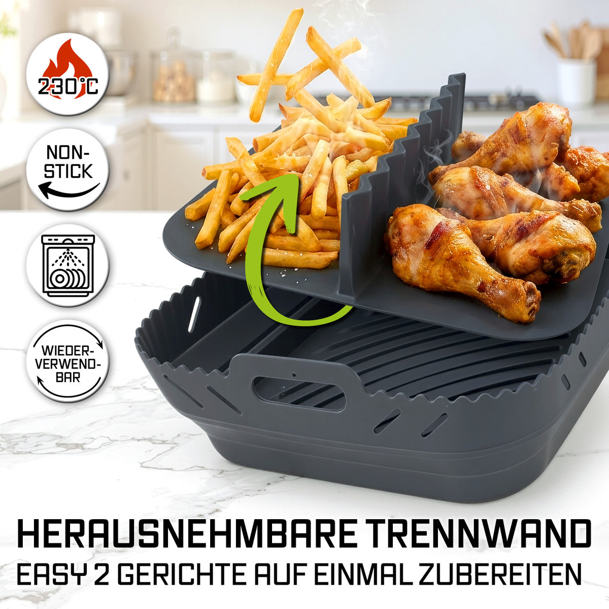 Silikonbackform für Heißluftfritteusen - ca. 21,2 x 21,2 x 8 cm mit herausnehmbarer Trennwand für gleichzeitige, getrennte Zubereitung verschiedener Speisen.