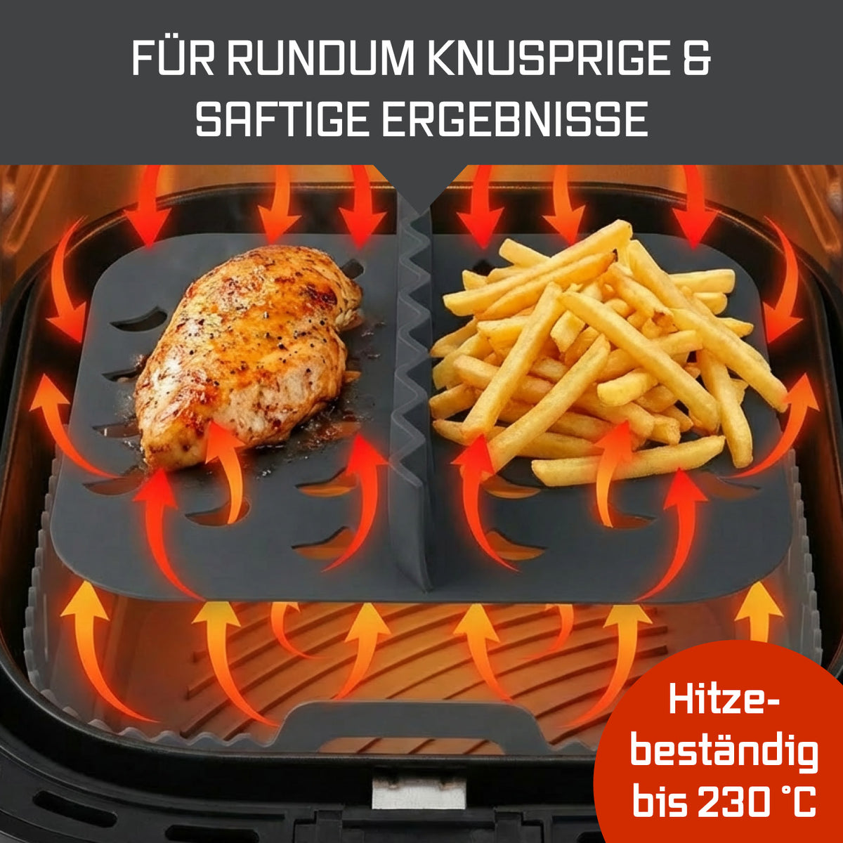 Silikonbackform für Heißluftfritteusen - ca. 21,2 x 21,2 x 8 cm mit Trennwand für gleichzeitiges Knusprigbacken und saftige Ergebnisse
