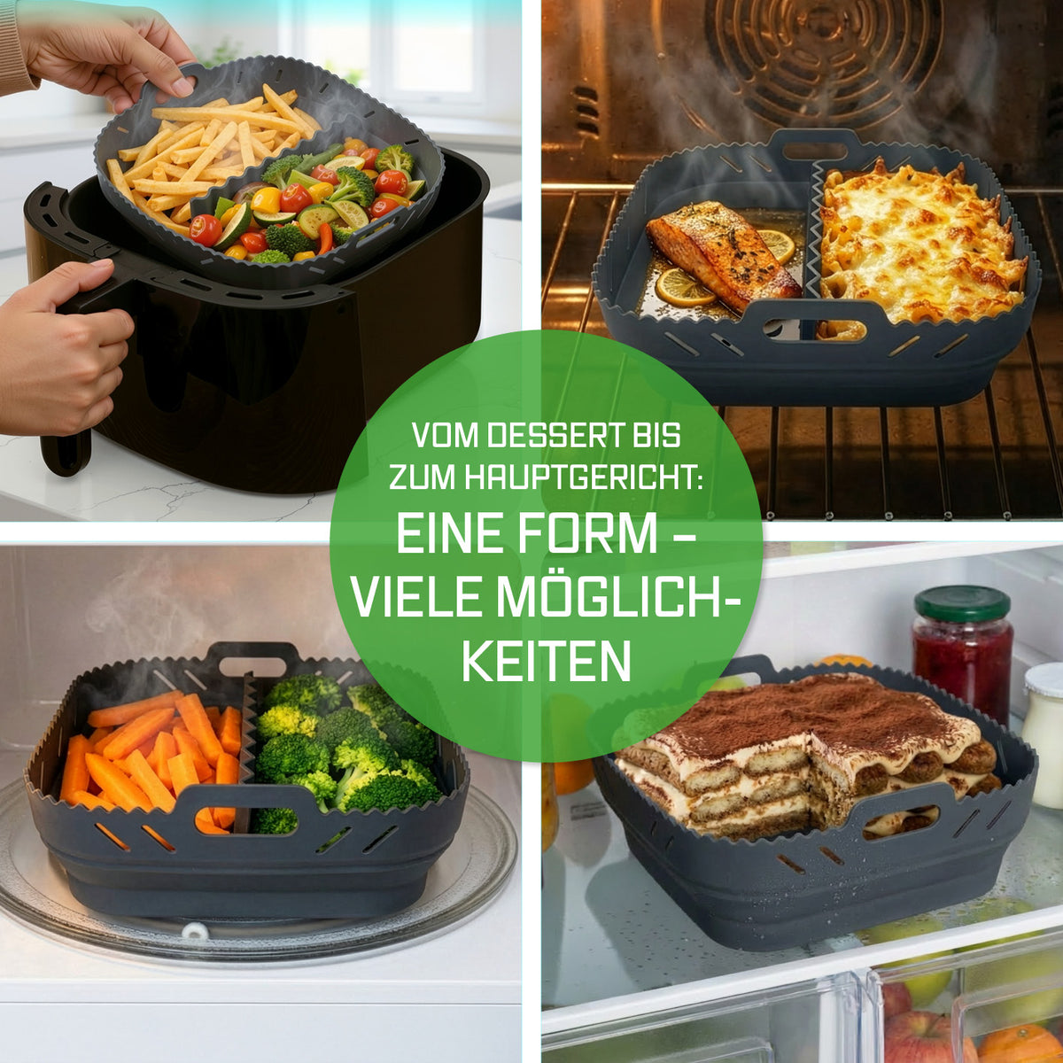 Silikonbackform für Heißluftfritteusen - ca. 21,2 x 21,2 x 8 cm mit Trennwand, flexibel und geeignet für vielseitige Speisenzubereitung.