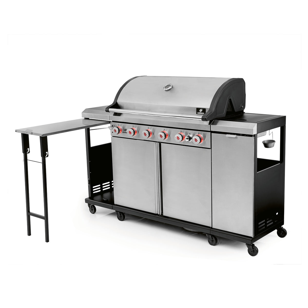 Gasgrill 6.1 Grillwagen mit 6 Brennern Edelstahl, klappbare Seitenablage, Schränke, auf Rollen für flexible Grillplatzgestaltung.