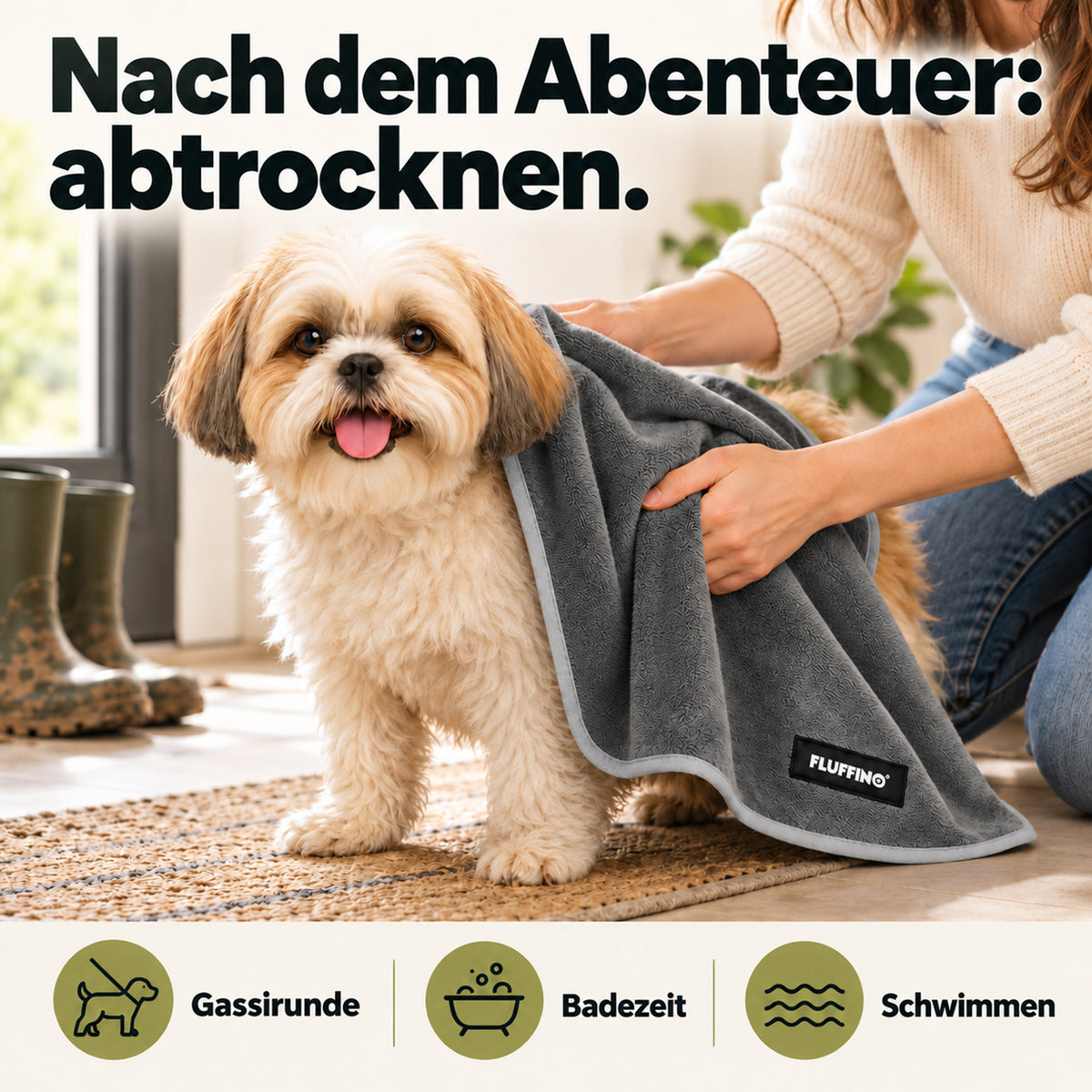Hundehandtuch Mikrofaser – 2er-Pack - 90 x 50 cm- Grau zum Abtrocknen nasser Hunde nach Spaziergang und Schwimmen