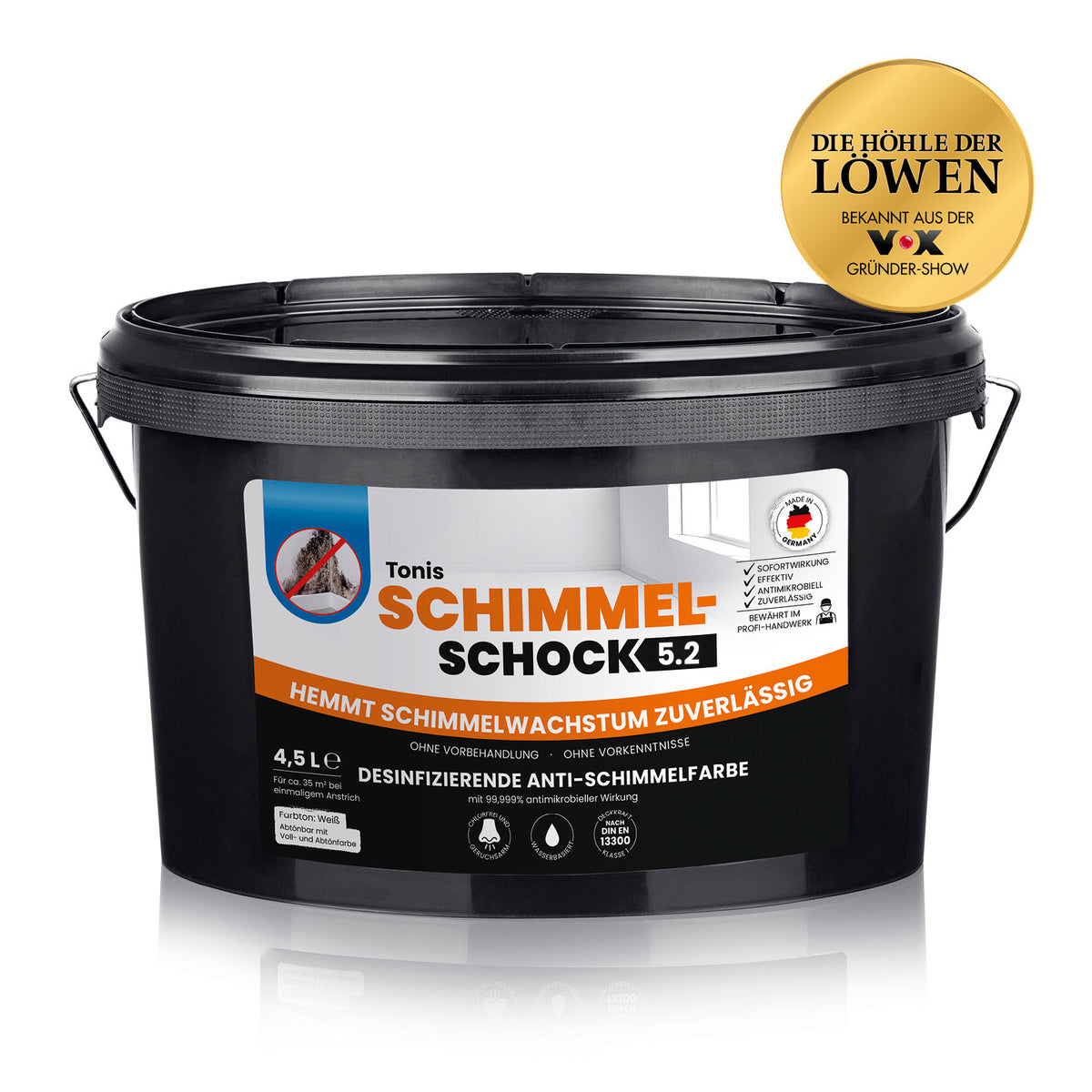 Tonis SCHIMMELSCHOCK 5.2 - Farbeimer 4,5 l - Gebinde in weiß zur zuverlässigen Schimmelbekämpfung ohne Vorbehandlung und mit desinfizierender Wirkung.