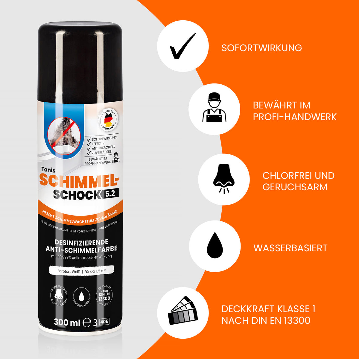 Produktbild von Tonis SCHIMMELSCHOCK 5.2 Anti-Schimmel-Farbe - Weiß - 4er-Set mit Eigenschaften wie Sofortwirkung, chlorfrei und wasserbasiert.