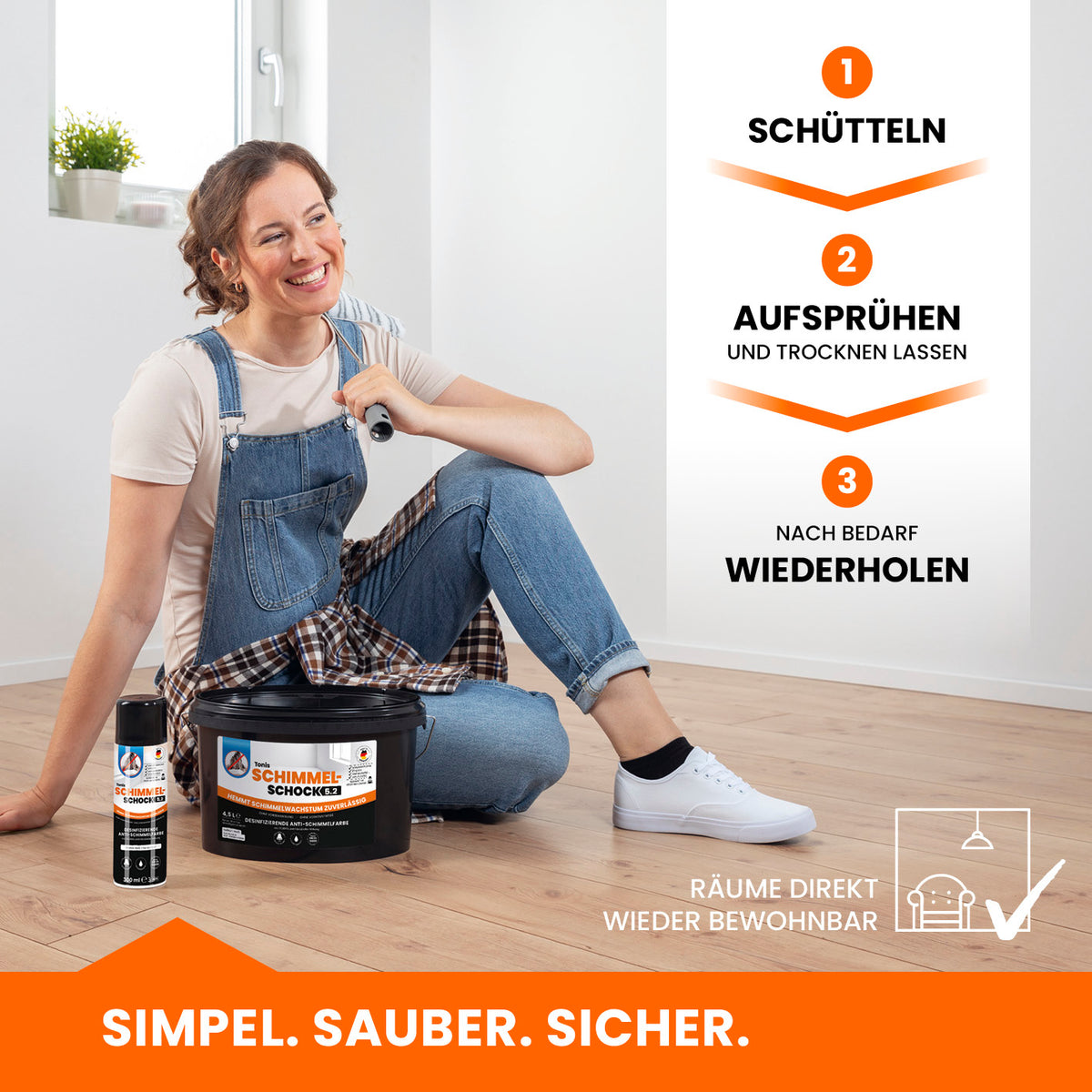 Frau sitzt neben Tonis SCHIMMELSCHOCK 5.2 Anti-Schimmel-Farbe - Weiß - 4er-Set mit Schritten Schütteln, Aufsprühen, Trocknen und Wiederholen.