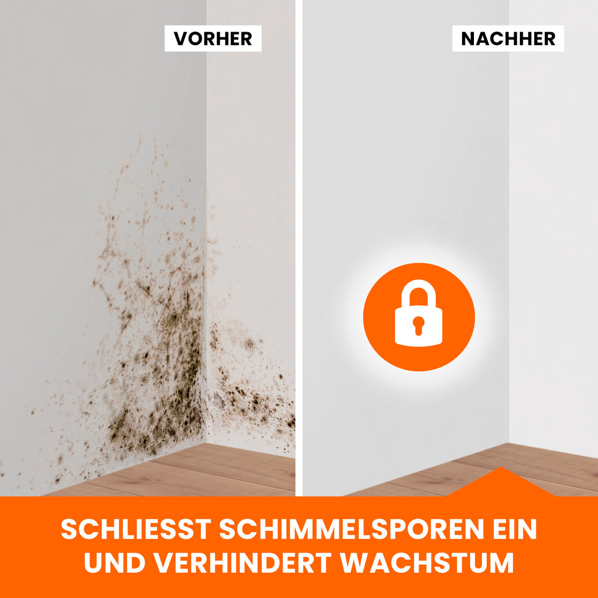 Vergleich einer Wand vor und nach Anwendung von Tonis SCHIMMELSCHOCK 5.2 Anti-Schimmel-Farbe - Weiß - 2er-Set zur Schimmelbekämpfung.