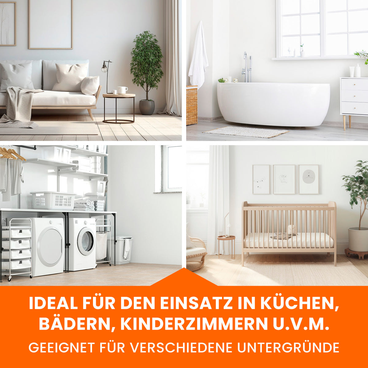 Vier Bilder zeigen helle, saubere Räume wie Wohnzimmer, Bad, Waschküche und Kinderzimmer mit Tonis SCHIMMELSCHOCK 5.2 Anti-Schimmel-Farbe - Weiß - 4er-Set geeignet für viele Untergründe.
