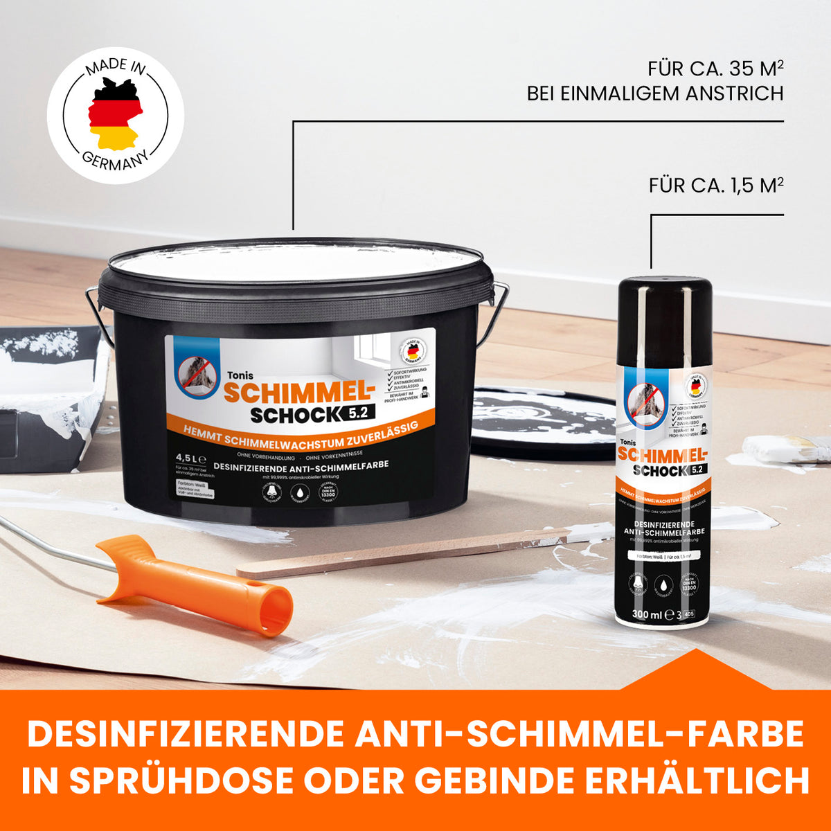 Tonis SCHIMMELSCHOCK 5.2 Anti-Schimmel-Farbe - Weiß - 4er-Set mit Sprühdose und Eimer für unterschiedliche Flächengrößen und einmaligen Anstrich.