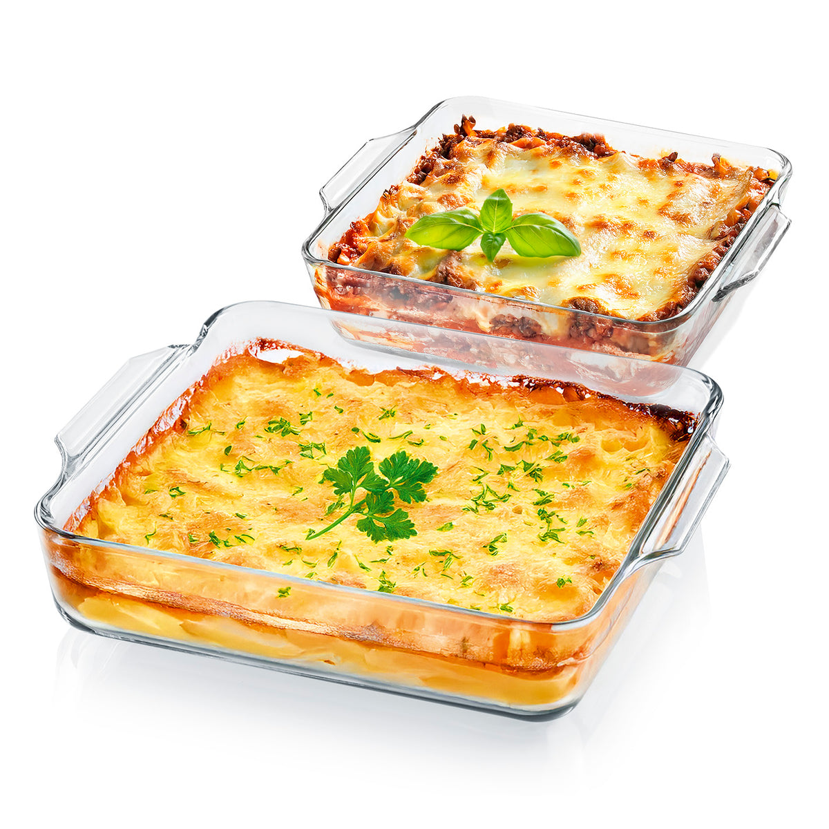 Glas-Auflaufform für Heißluftfritteuse & Backofen - 2er-Set 800 ml & 1500 ml mit leckeren Aufläufen gefüllt.