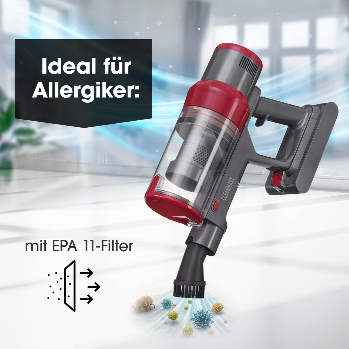 Akku-Zyklonstaubsauger - grau/rot mit EPA 11-Filter zur effektiven Reinigung und optimal geeignet für Allergiker.