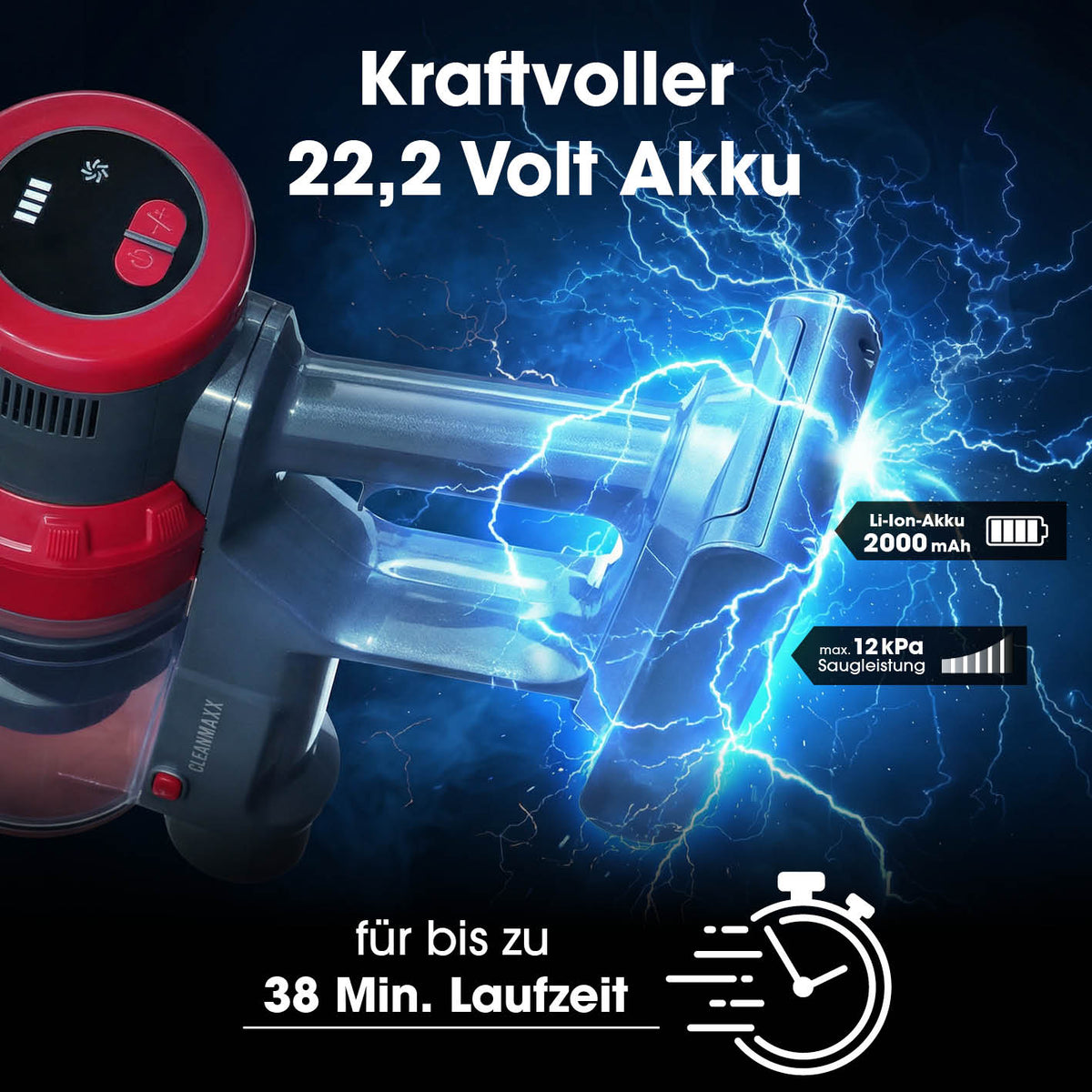 Akku-Zyklonstaubsauger - grau/rot mit 22,2 Volt Akku, 2000 mAh Kapazität und bis zu 38 Minuten Laufzeit für effiziente Reinigung.