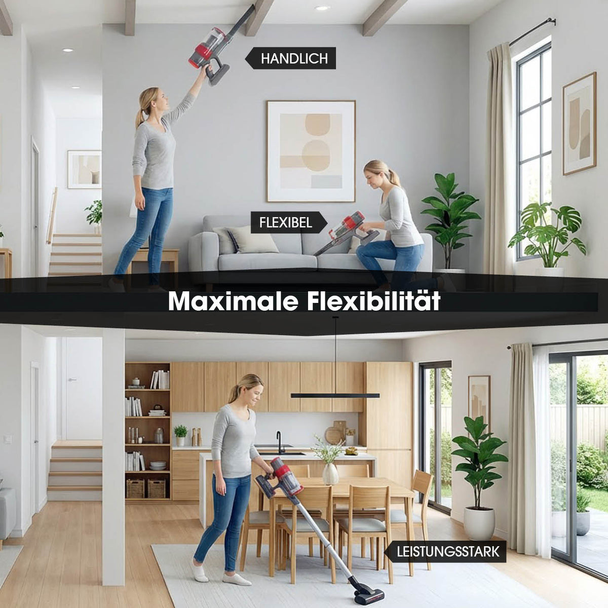 Akku-Zyklonstaubsauger - grau/rot zeigt vielseitige Nutzungsmöglichkeiten für Handhabung, flexible Reinigung und leistungsstarke Bodenreinigung.