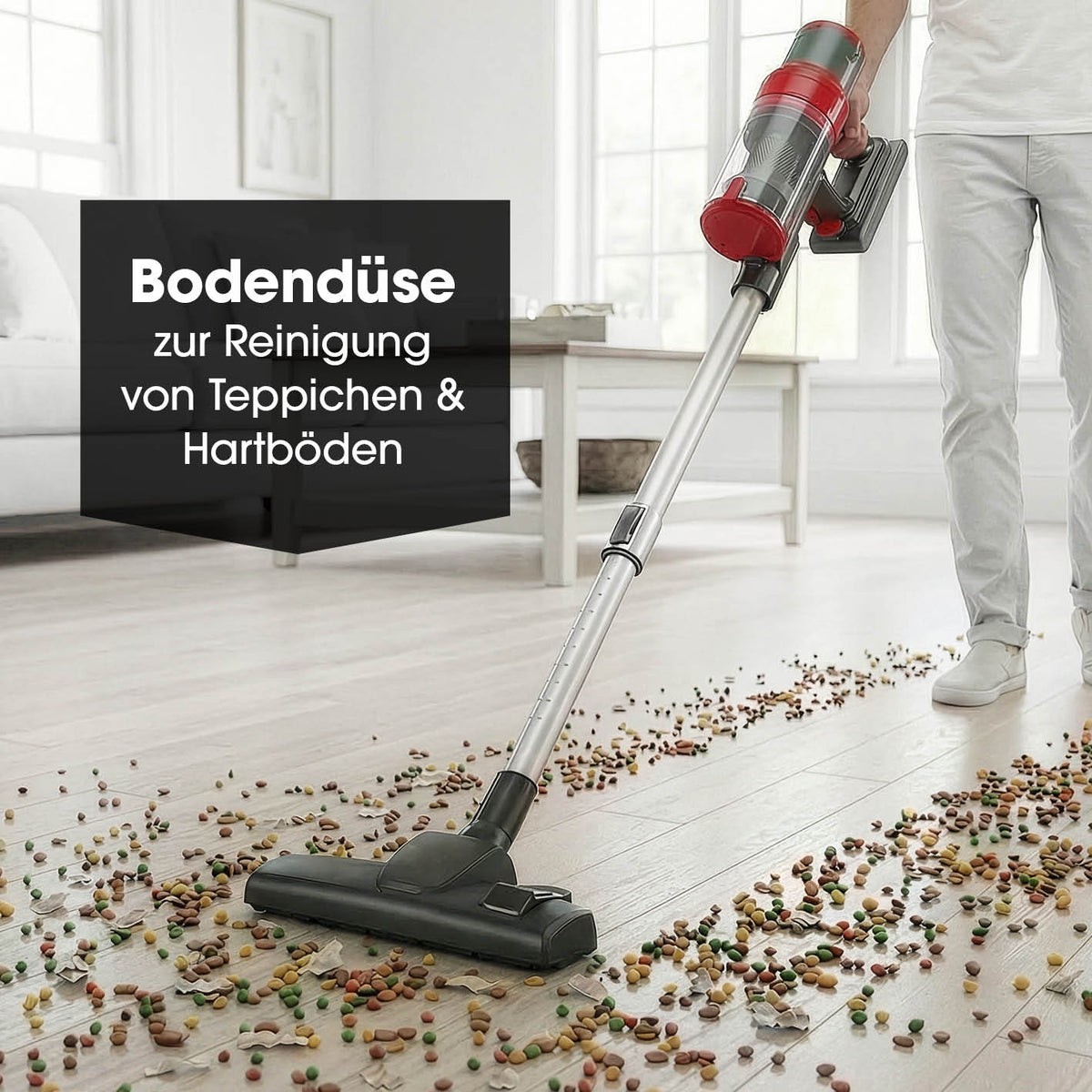 Akku-Zyklonstaubsauger - grau/rot mit Bodendüse zur effektiven Reinigung von Hartböden und Teppichen bei grobem Schmutz