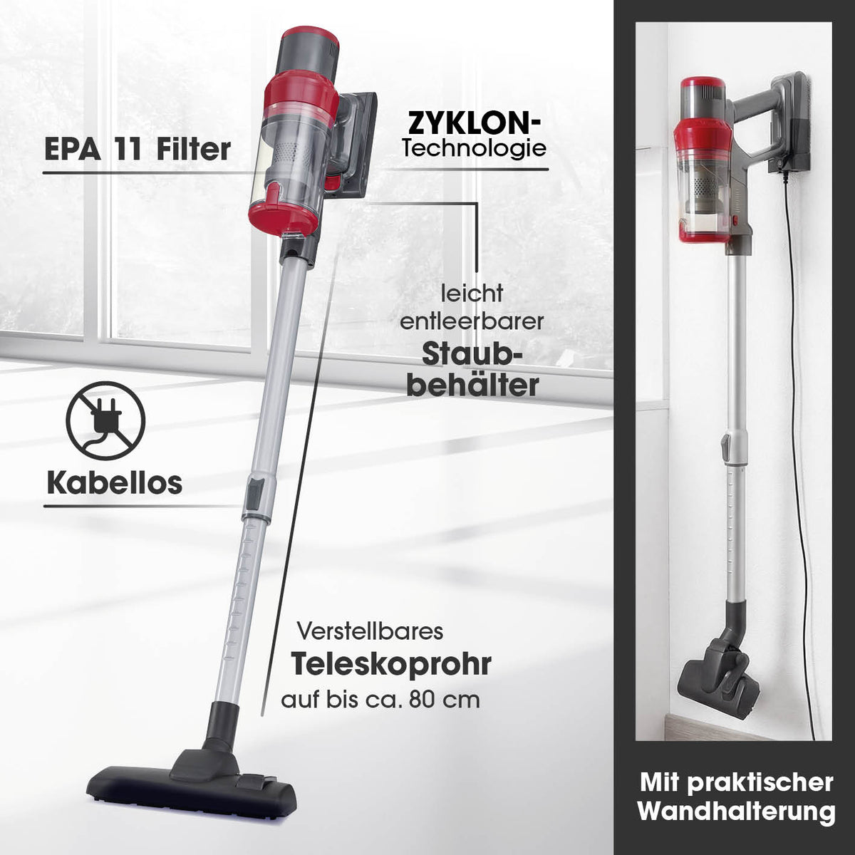 Akku-Zyklonstaubsauger - grau/rot mit kabellosem Betrieb, Zyklon-Technologie, EPA 11 Filter, verstellbarem Teleskoprohr und praktischem Wandhalter.