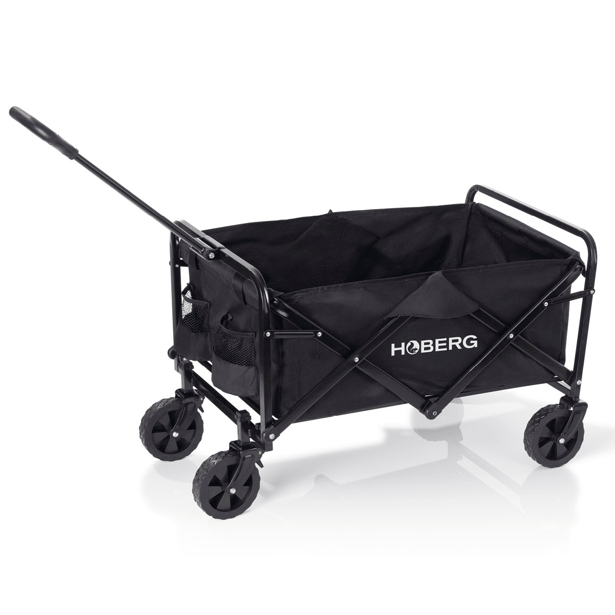 Klapp-Bollerwagen mit Bremsen - max. 80 kg in schwarzem Nylonbezug, faltbar, stabilem Stahlrohrrahmen, präsentiert in quadratischem Bild.