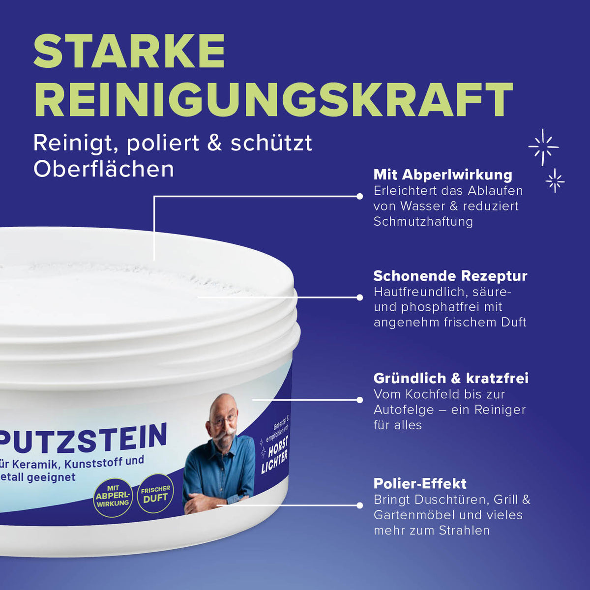 Putzstein - 500 g mit Abperlwirkung, schonender Formel und Polier-Effekt für gründliche Reinigung von Keramik, Kunststoff und Metall ohne Kratzer.