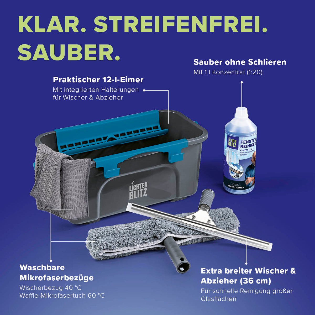 Reinigungsset Fenster 7-teilig mit praktischem 12-Liter-Eimer, Mikrofaserbezügen, breitem Abzieher und Glasreiniger für streifenfreie Sauberkeit.