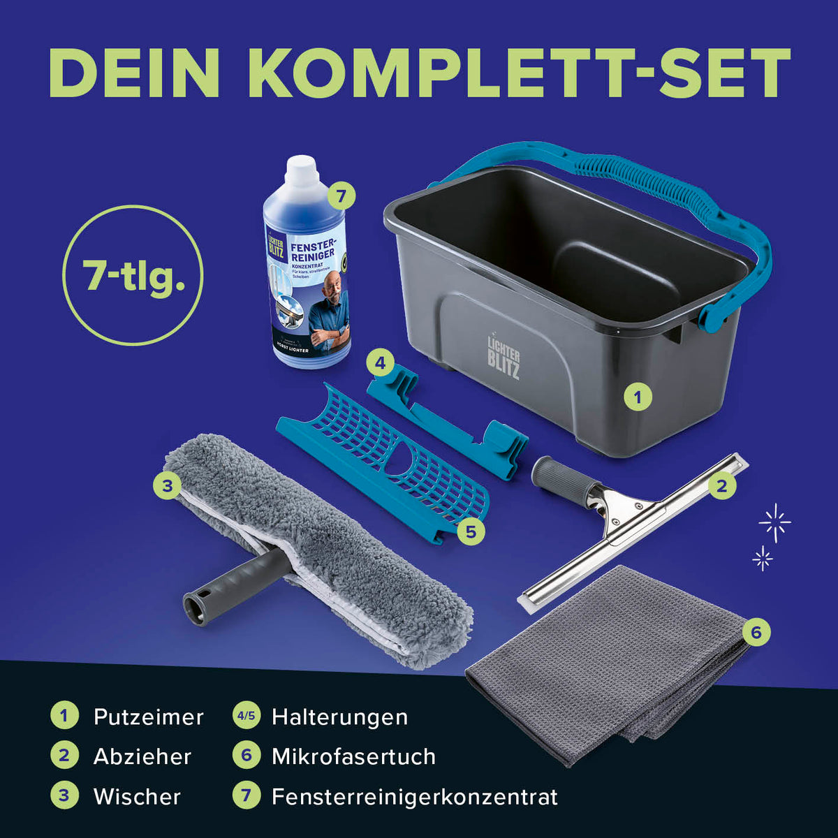 Reinigungsset Fenster 7-teilig mit Putzeimer, Abzieher, Wischer, Halterungen, Mikrofasertuch und Fensterreinigerkonzentrat für streifenfreien Glanz.