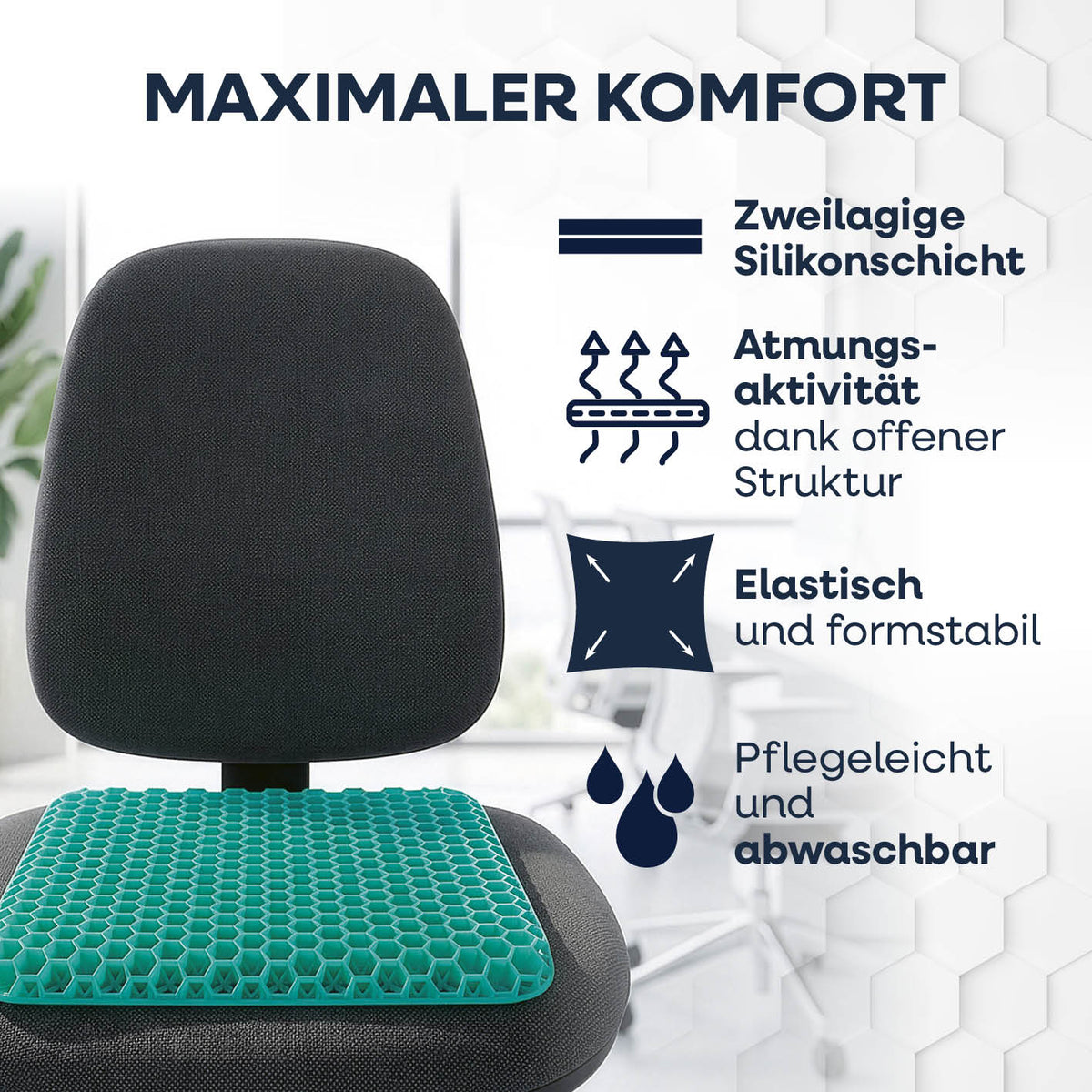 Komfort-Sitzkissen mit Wabenstruktur in Türkis auf Bürostuhl, elastisch, formstabil, pflegeleicht und atmungsaktiv dank offener Silikonschicht.