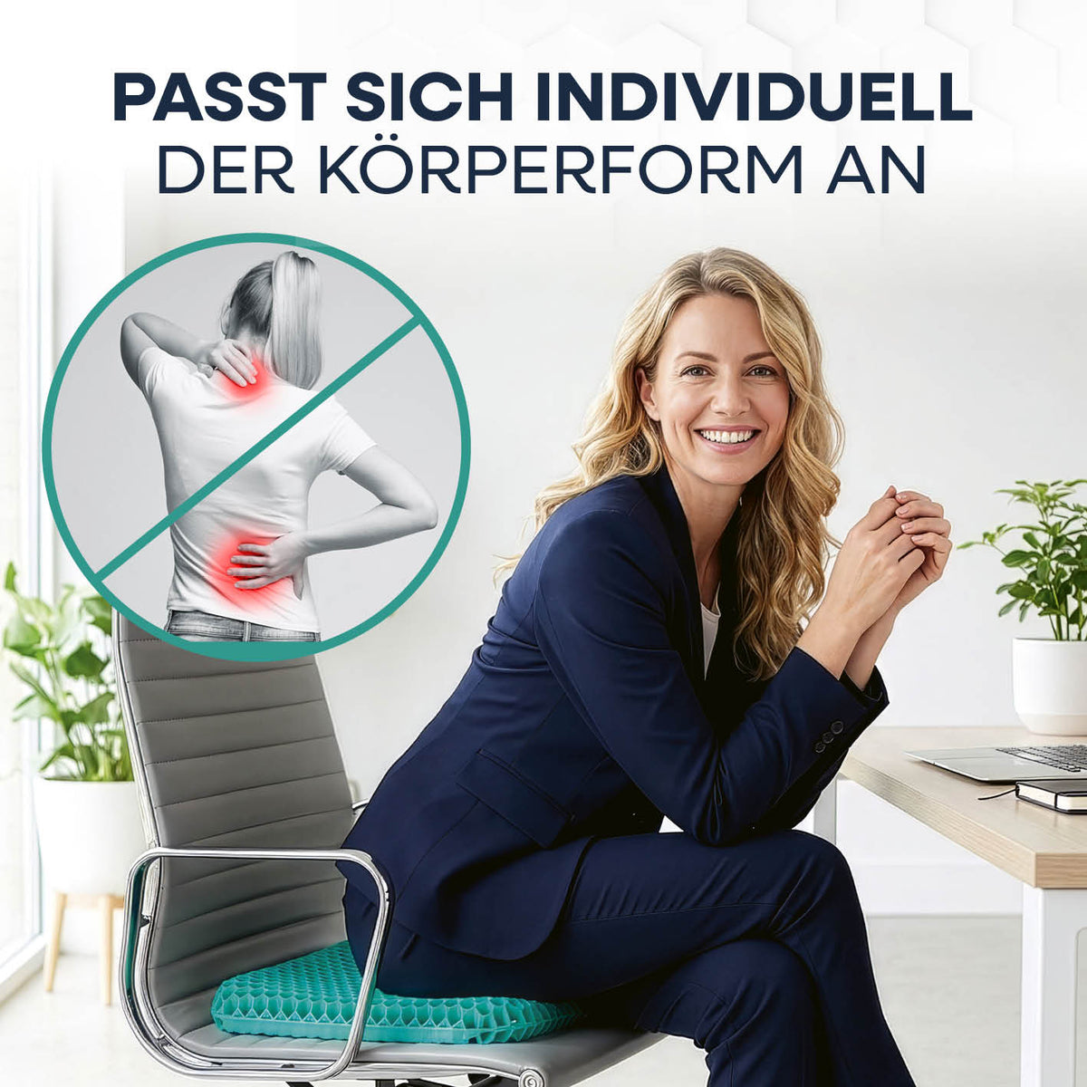Komfort-Sitzkissen mit Wabenstruktur auf Bürostuhl, zeigt ergonomische Anpassung an Körperform für bessere Sitzhaltung und mehr Komfort.