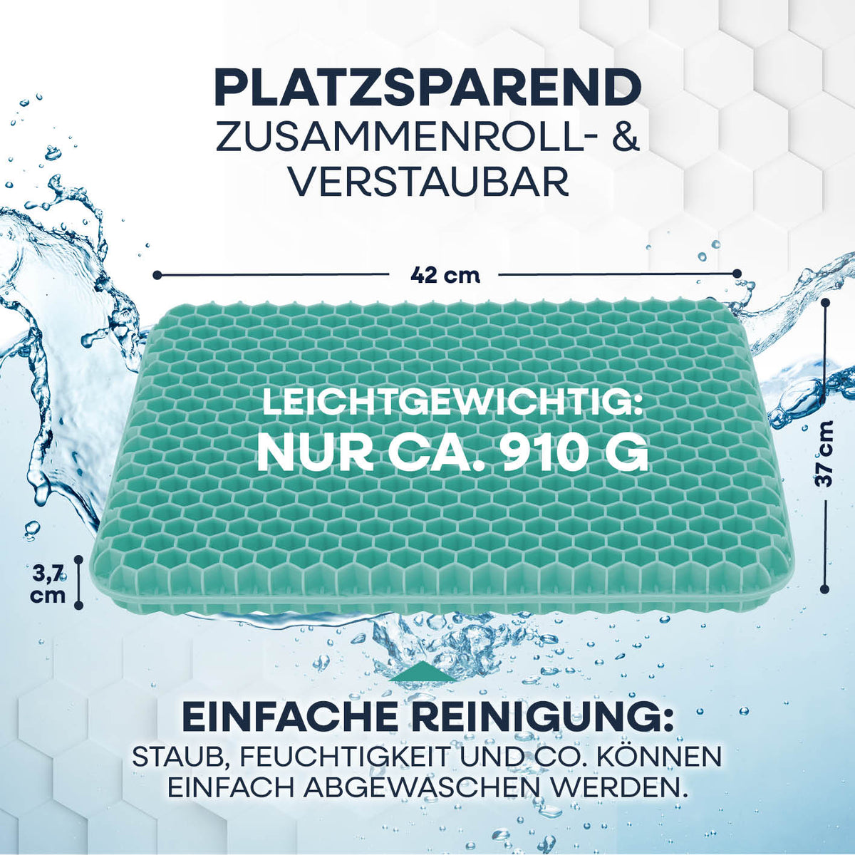 Komfort-Sitzkissen mit Wabenstruktur in Türkis, platzsparend, leicht, ca. 42x37x3,7 cm, wasserabweisend und einfach zu reinigen