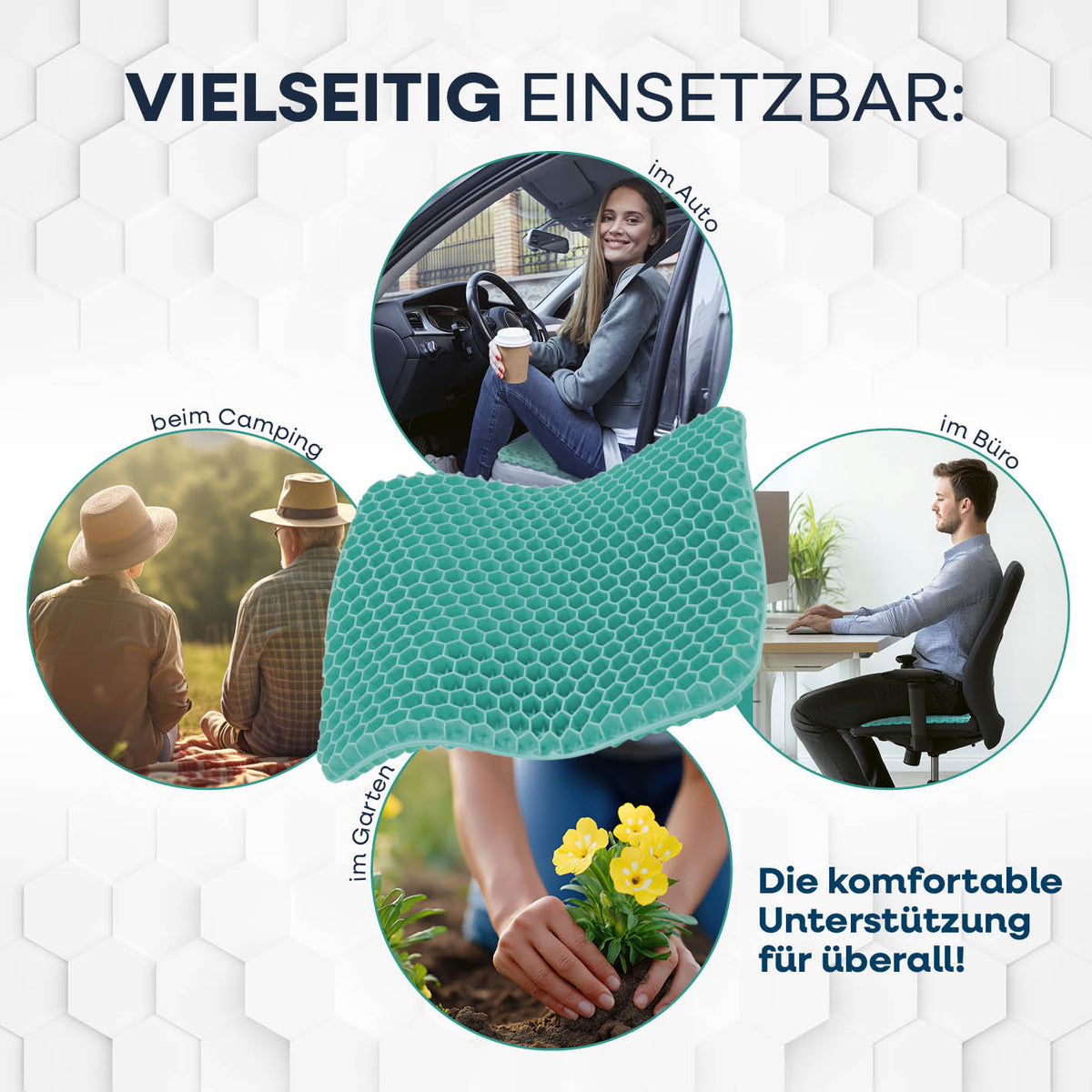 Komfort-Sitzkissen mit Wabenstruktur in Türkis, vielseitig nutzbar beim Autofahren, im Büro, Garten oder Camping für ergonomischen Sitzkomfort.