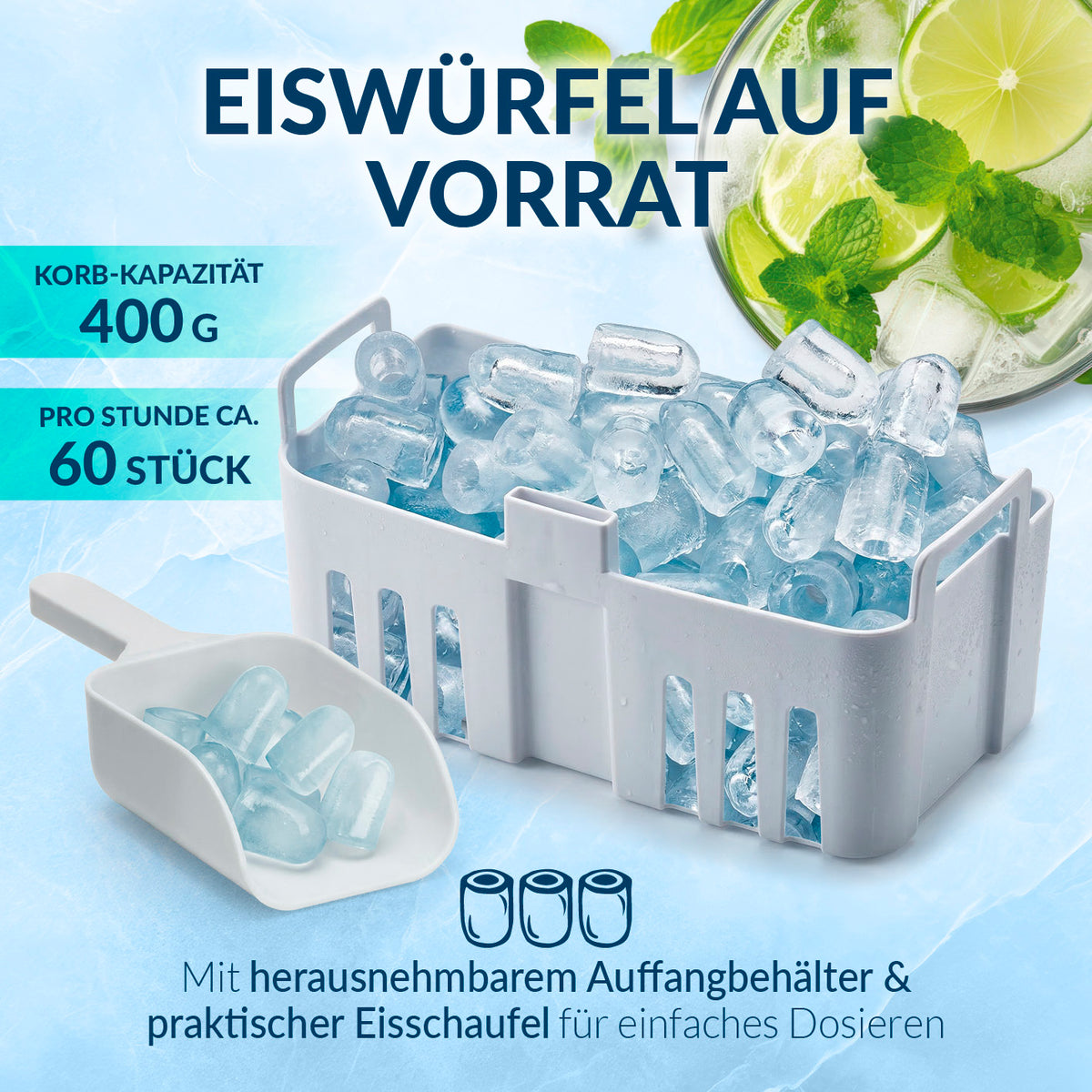 Eiswürfelmaschine - 1-l-Wassertank mit herausnehmbarem Auffangbehälter, Eisschaufel und schneller Produktion von bis zu 60 Eiswürfeln pro Stunde.