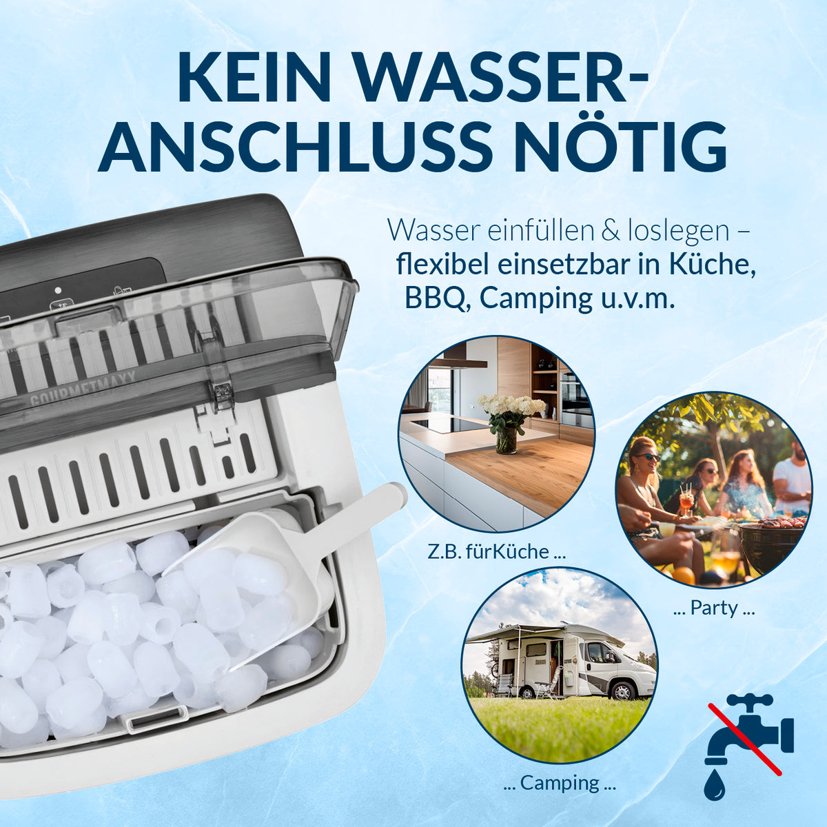 Eiswürfelmaschine - 1-l-Wassertank ohne Wasseranschluss, Eiswürfel flexibel nutzbar für Küche, Party, BBQ und Camping im kompakten Design.