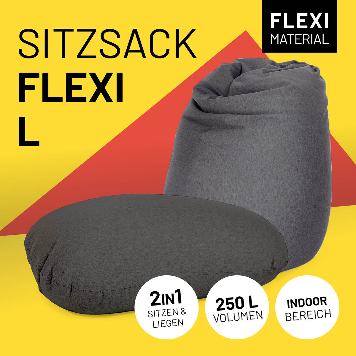 Flexi Comfort Sitzsack (320 L) Dunkelgrau für indoor, flexibel nutzbar als Sitz- oder Liegeplatz mit weichem, formanpassendem Material.