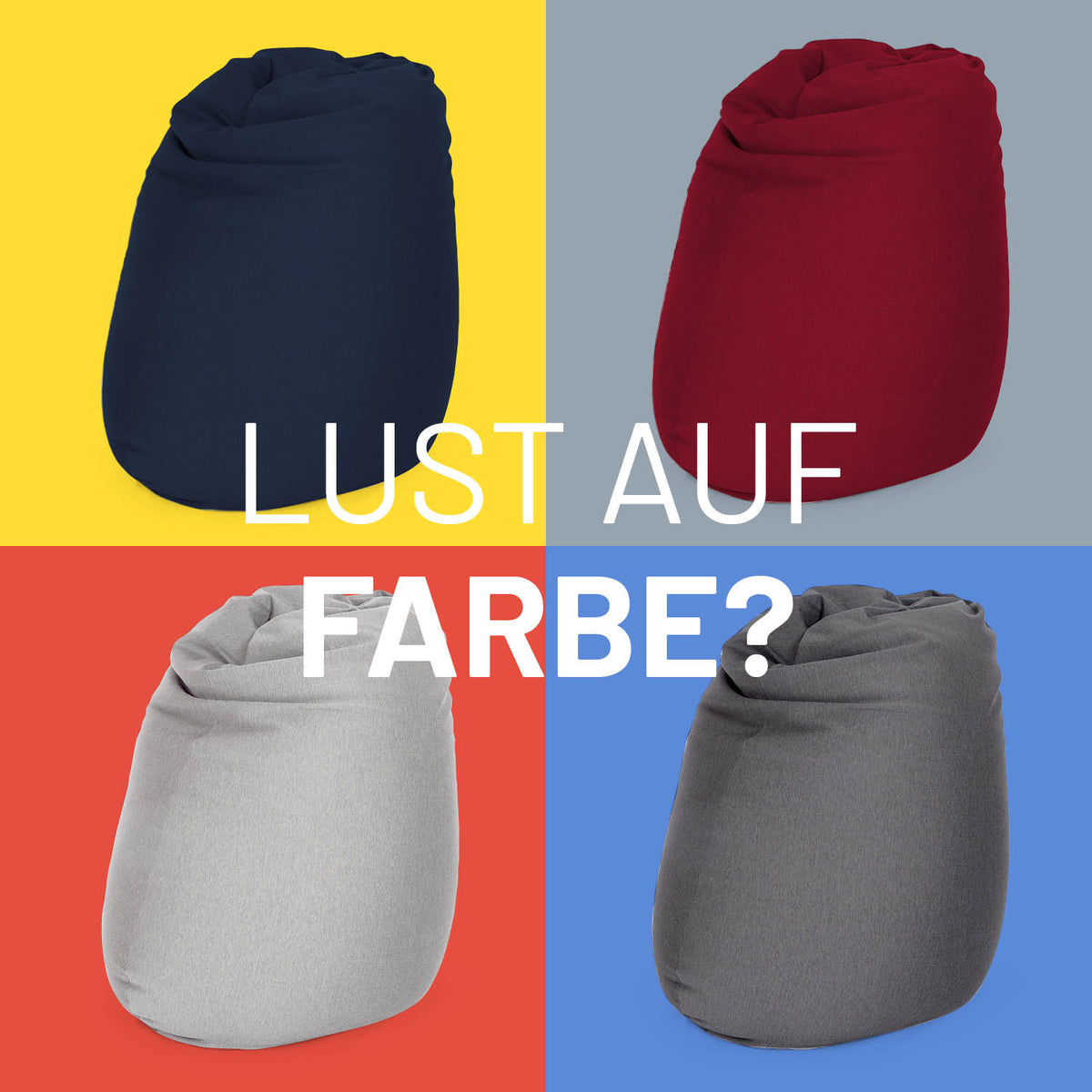 Flexi Comfort Sitzsack (380 L) in vier Trendfarben: Navyblau, Rot, Hellgrau und Dunkelgrau, ideal für drinnen.