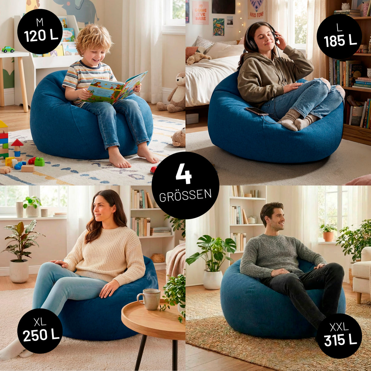 Comfort Line Sitzsack M (120 L) - indoor - Dunkelblau in modernem Wohnzimmer mit Kindern und Erwachsenen in verschiedenen Größen.