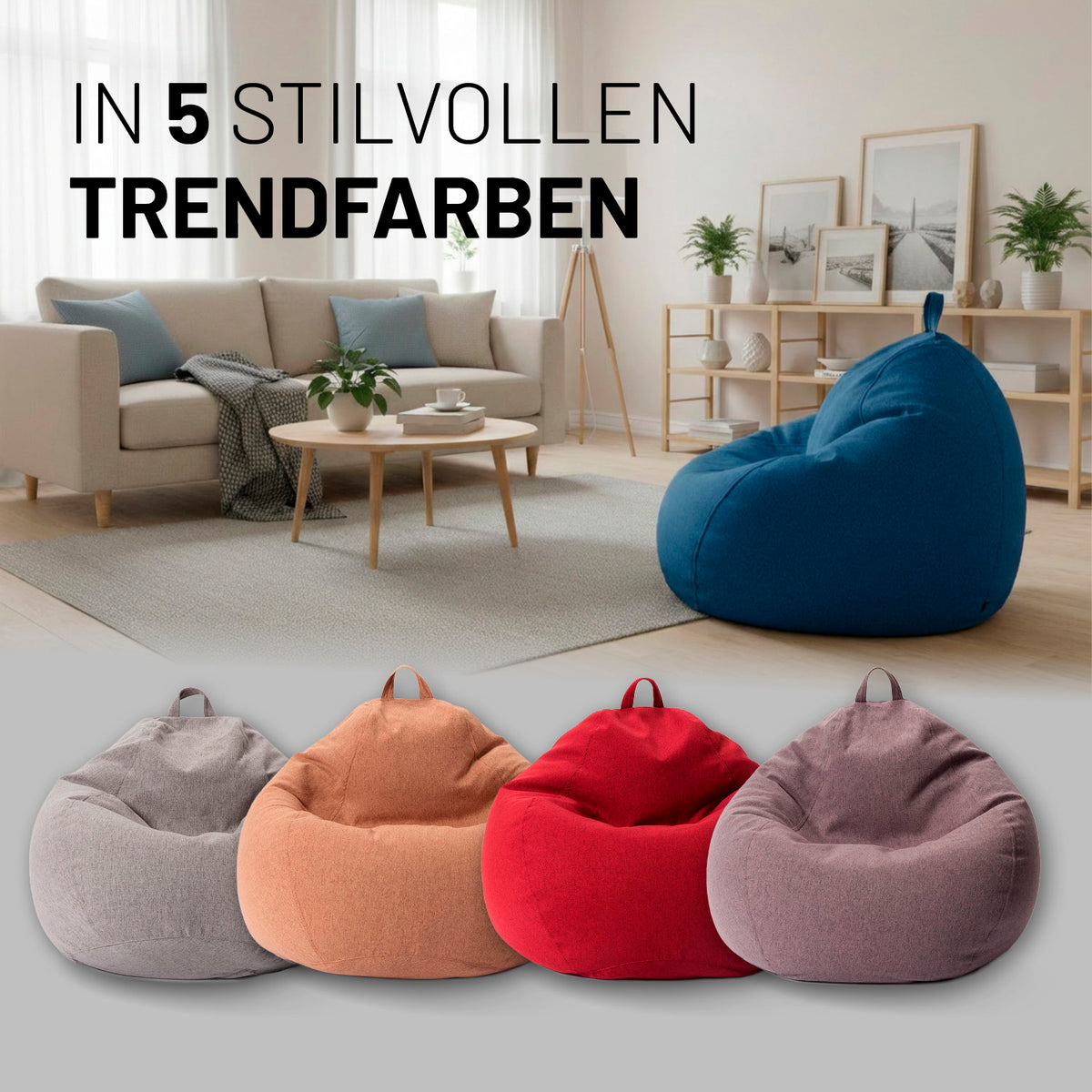 Comfort Line Sitzsack M (120 L) - indoor - Dunkelblau in modernem Wohnraum mit vier weiteren farbigen Sitzsäcken.