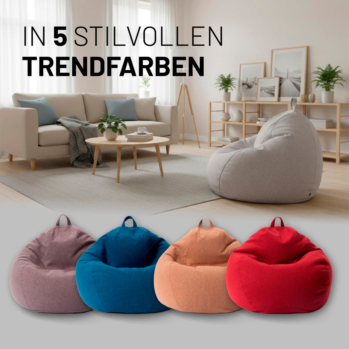 Comfort Line Sitzsack M (185 L) - indoor - Hellgrau in modernem Wohnzimmer mit Sofa und Couchtisch stilvoll präsentiert.