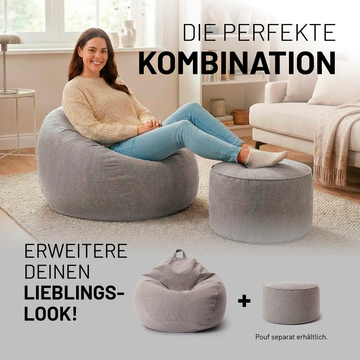 Comfort Line Sitzsack M (185 L) - indoor - Hellgrau mit softer Haptik im modernen Wohnraum sitzend mit Pouf.
