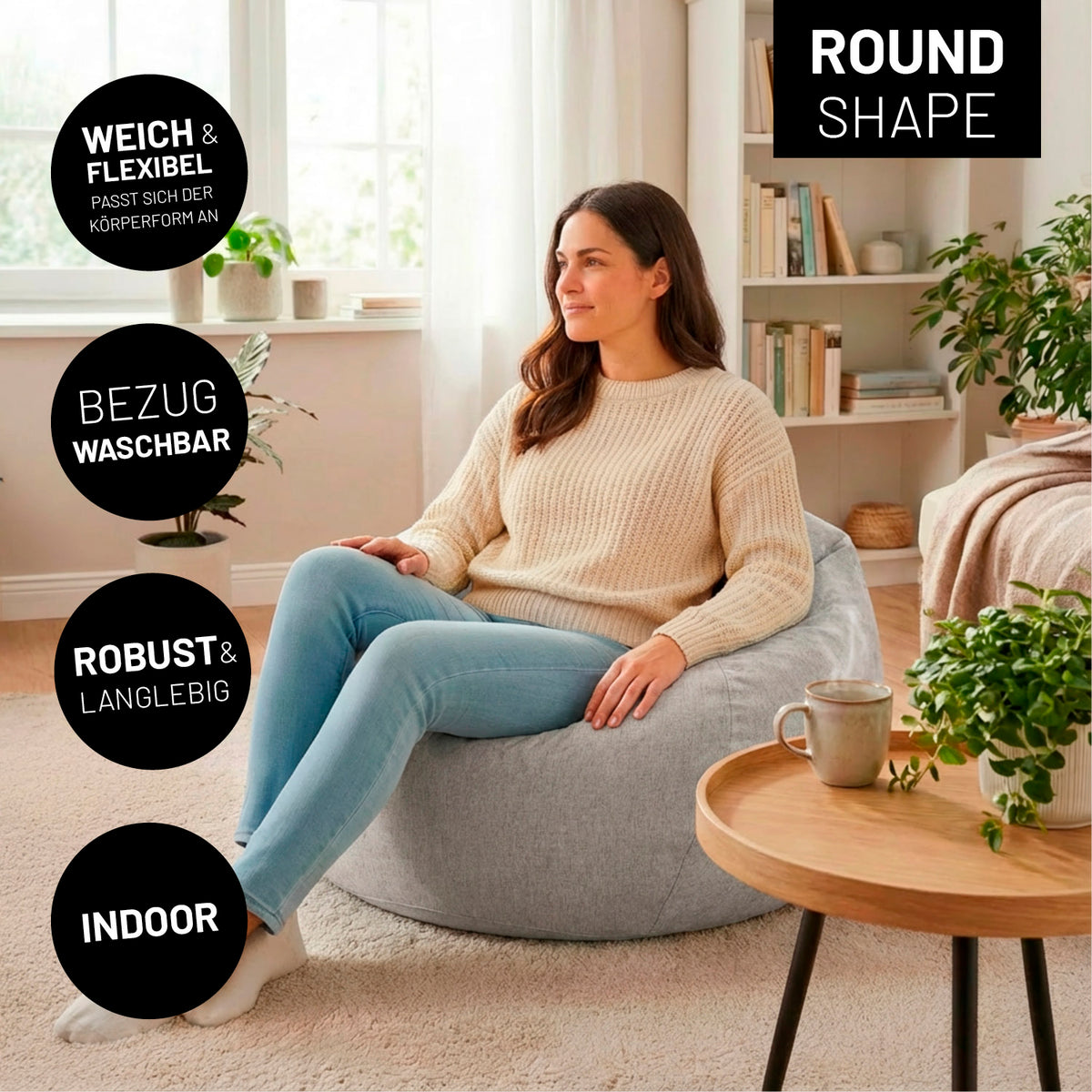 Comfort Line Sitzsack XL (250 L ) - indoor - Hellgrau mit runder Form, weichem Bezug und robustem, waschbarem Material, ideal für drinnen.
