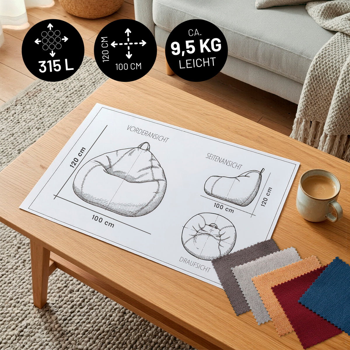 Comfort Line Sitzsack XXL (315 L) - indoor - Dunkelgrau, technische Skizze mit Maßen und Stoffmustern auf Holztisch gezeigt.