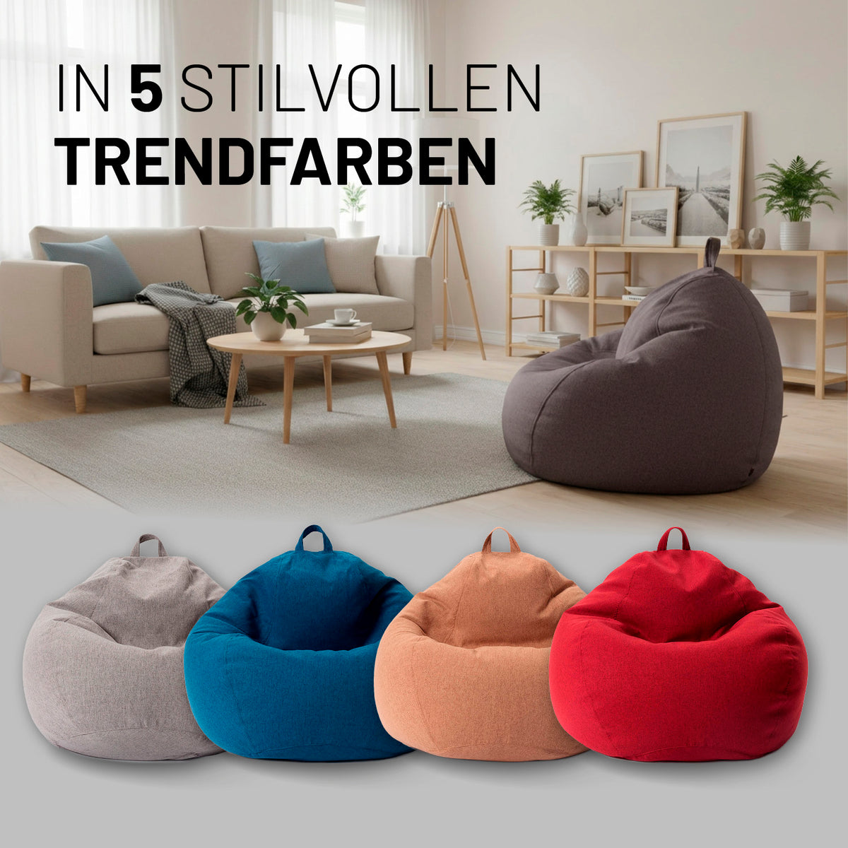Comfort Line Sitzsack XXL (315 L) - indoor - Dunkelgrau in modernem Wohnzimmer mit fünf trendigen Farben dargestellt.