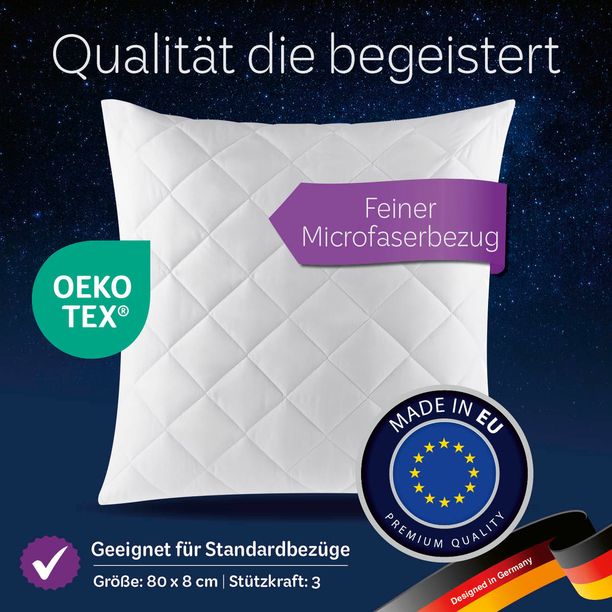 Microfaser Kopfkissen gesteppt - 80 x 80 cm - 2er-Set mit feinem Microfaserbezug, Oeko-Tex zertifiziert, made in EU, ideal für Allergiker.