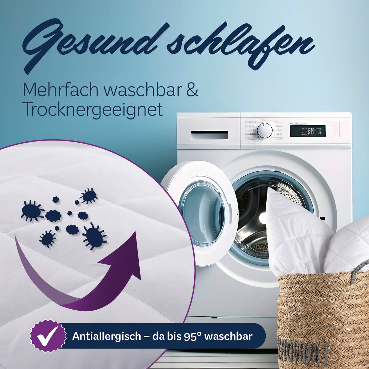 Microfaser Kopfkissen gesteppt - 80 x 80 cm - 2er-Set, antiallergisch, bis 95° waschbar, trocknergeeignet, pflegeleicht und formstabil.