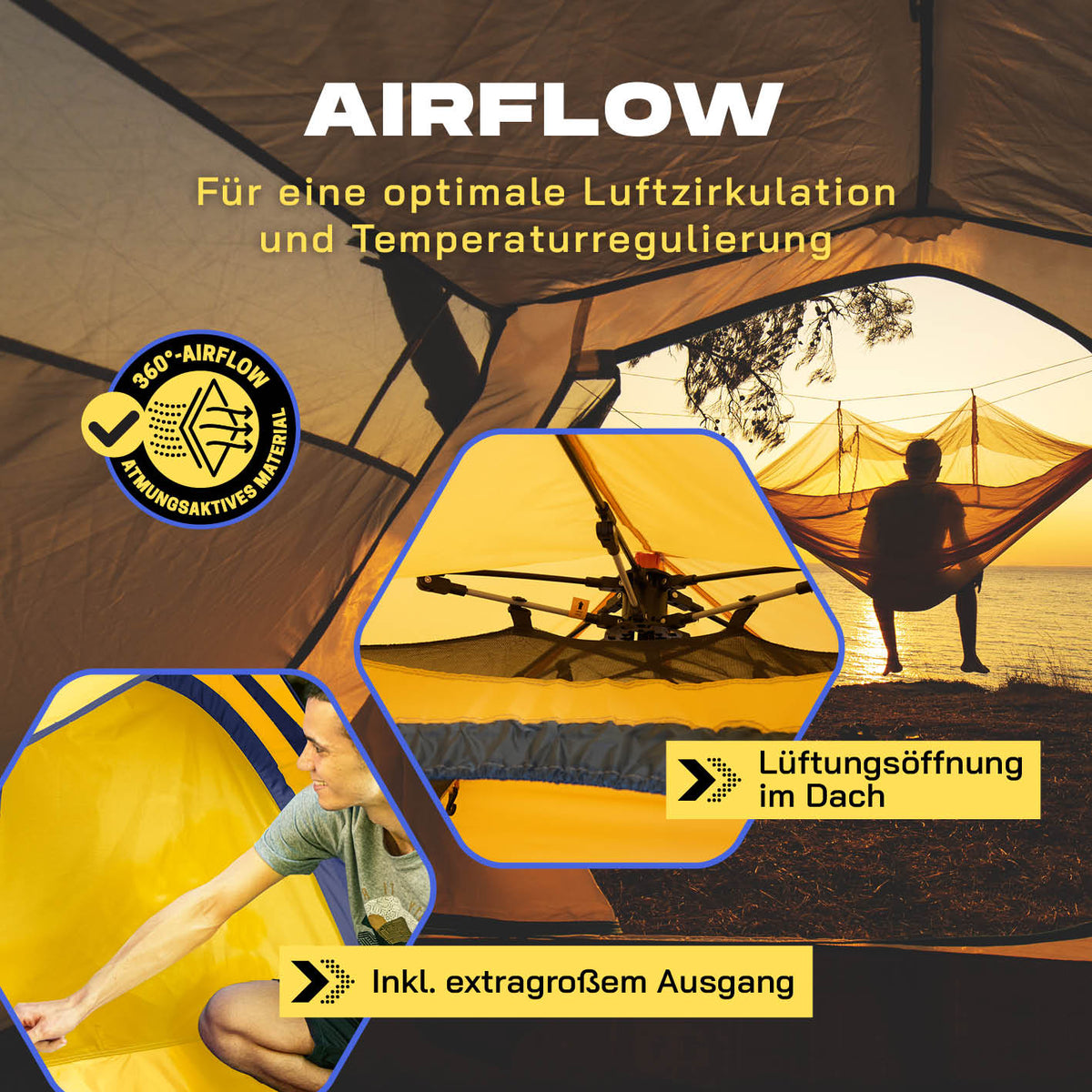 Pop up Wurfzelt für 3 Personen - Gelb mit optimierter Luftzirkulation, Lüftungsöffnung im Dach und extragroßem Ausgang.