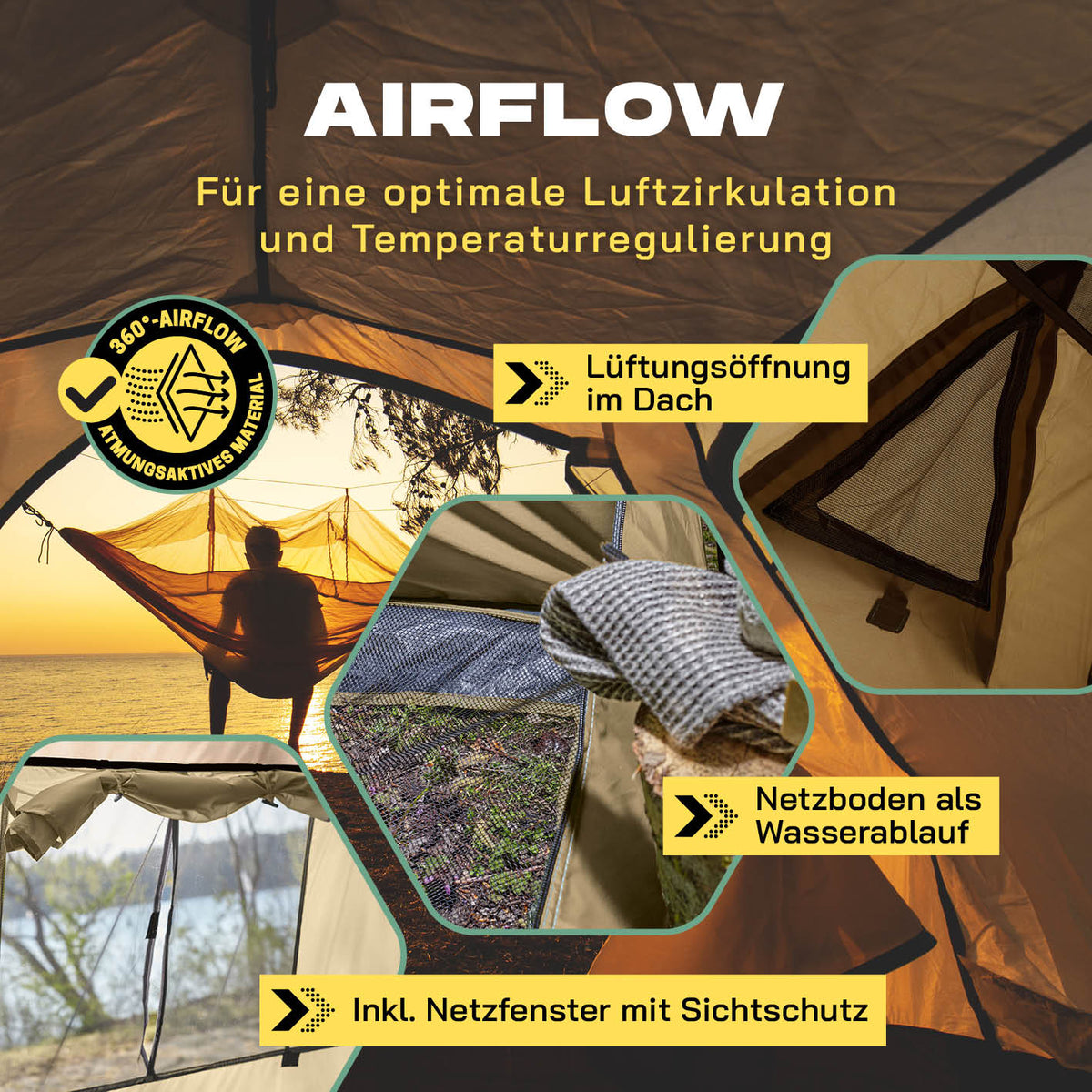 Pop up Duschzelt - 220 cm hoch - Braun mit Lüftungsöffnung, Netzboden und Netzfenster für optimale Luftzirkulation und Sichtschutz.