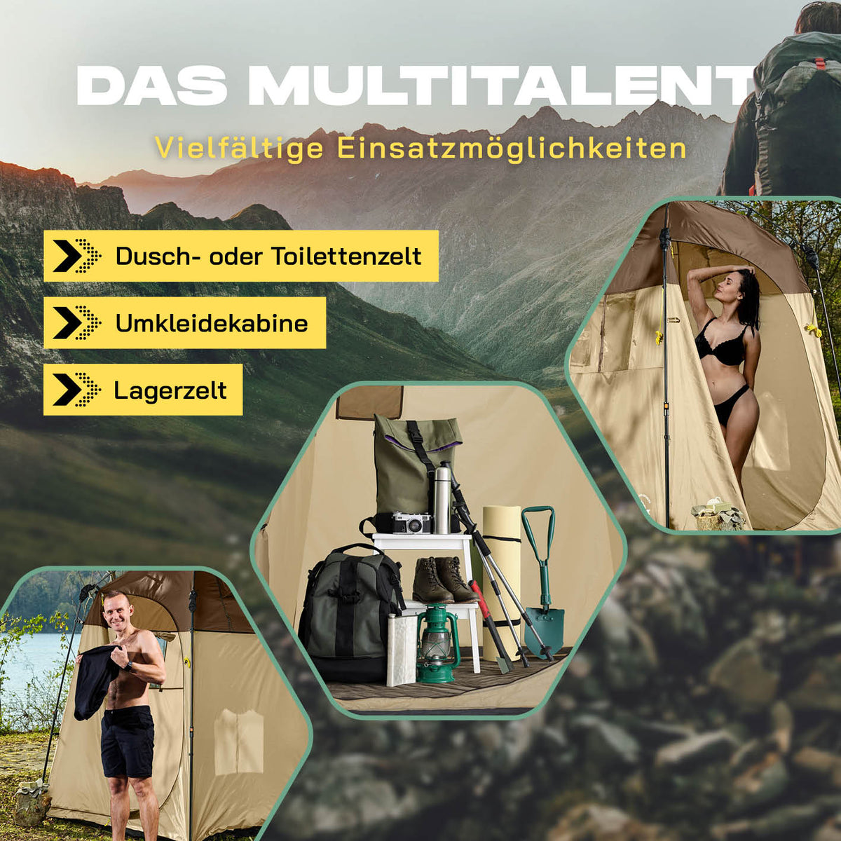 Pop up Duschzelt - 220 cm hoch - Braun, multifunktional als Dusch-, Umkleide- oder Lagerzelt, leicht und wetterfest für Outdoor-Einsatz.