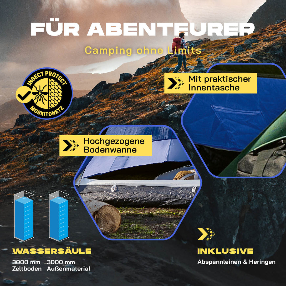 Pop up Kuppelzelt für 3 Personen - Blau mit Insektenschutz, praktischer Innentasche, hochgezogener Bodenwanne und wasserdichtem Material.