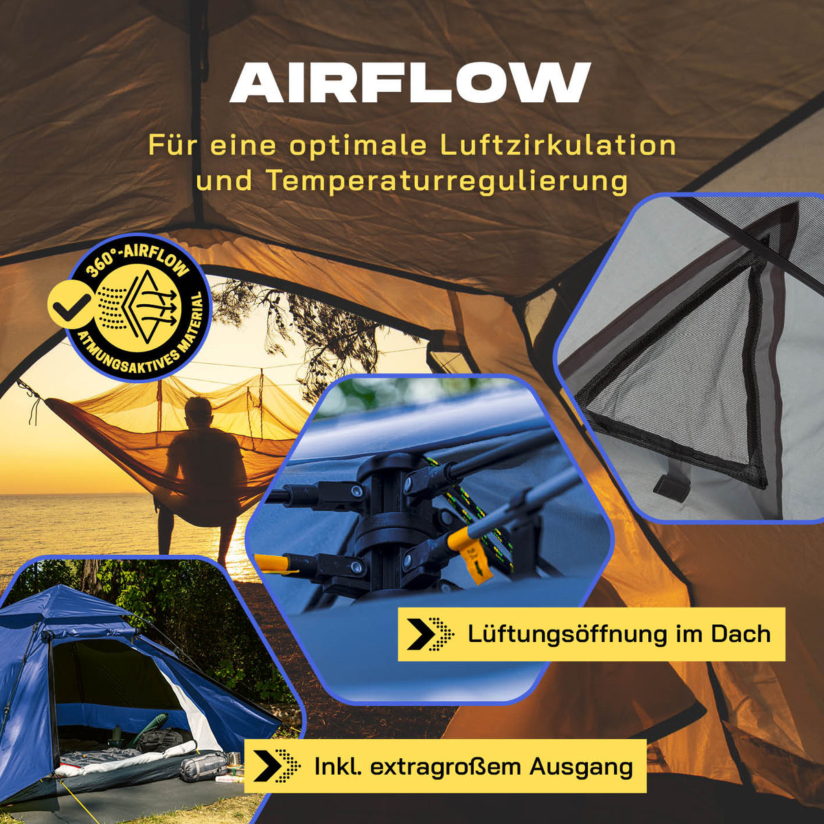 Pop up Kuppelzelt für 3 Personen - Blau mit 360° Luftzirkulation, Lüftungsöffnung im Dach und extragroßem Ausgang.