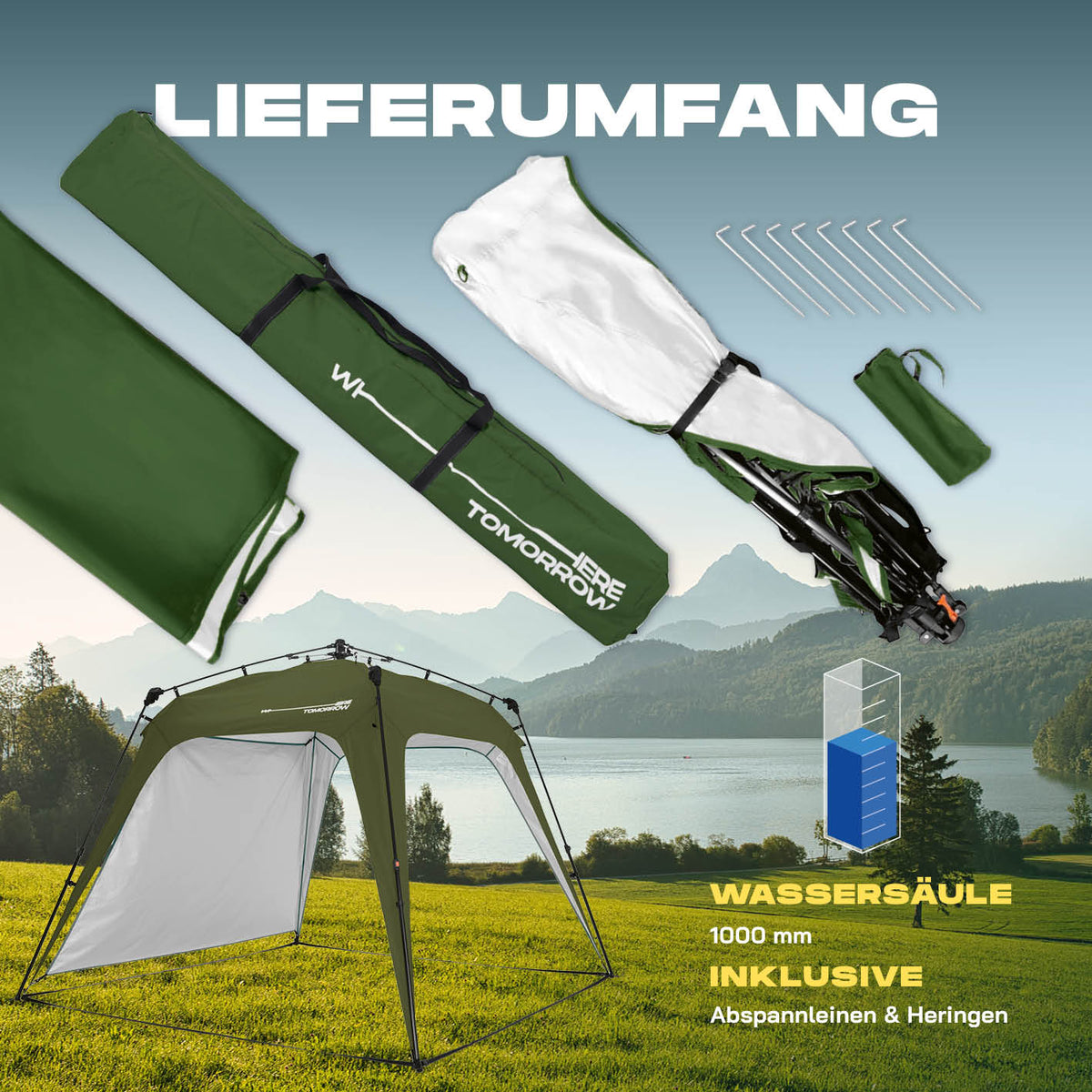 Pop up Pavillon - Dunkelgrün mit praktischem Zubehör, wetterfest, schneller Aufbau und inklusive Seitenwand und Heringen.