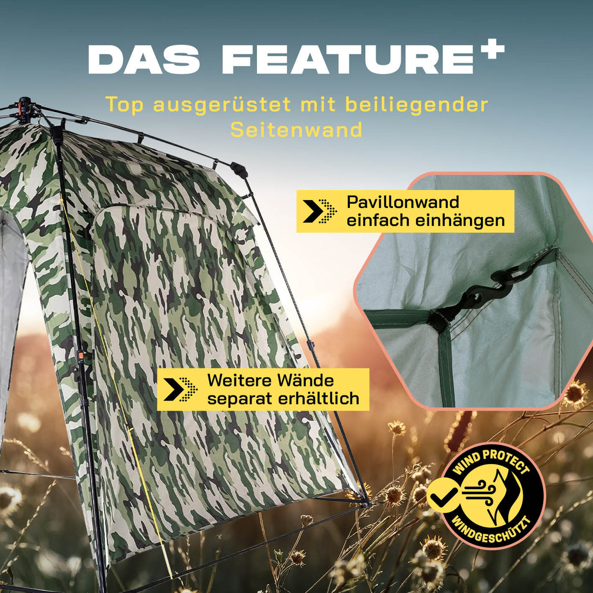 Pop up Pavillon - Camouflage Grün mit abnehmbarer Seitenwand, einfach einhängbar und windgeschützt für flexiblen Outdoor-Einsatz.
