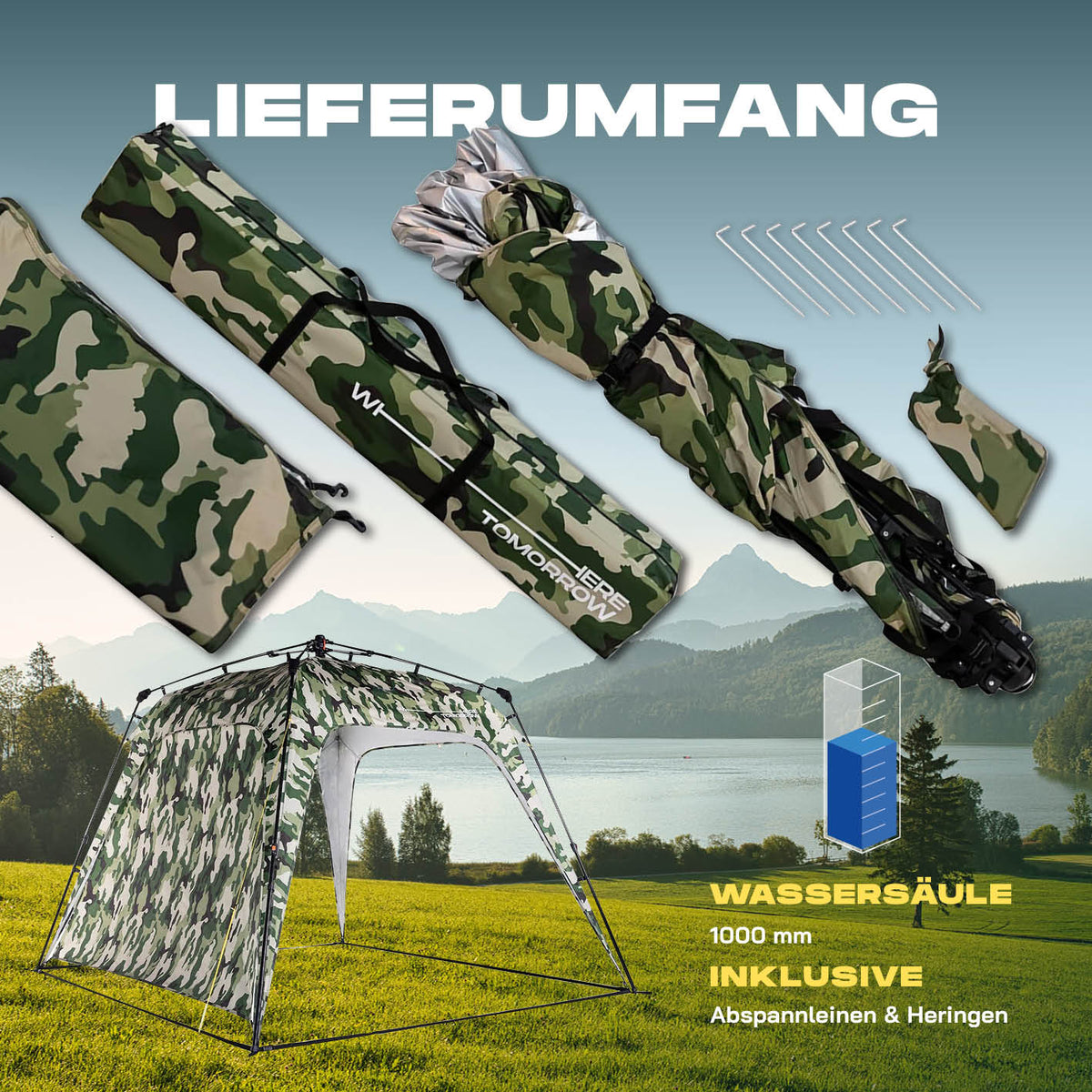 Pop up Pavillon - Camouflage Grün mit praktischem Tragebeutel, Gestänge, Abspannleinen und Heringen für einfachen und flexiblen Aufbau.
