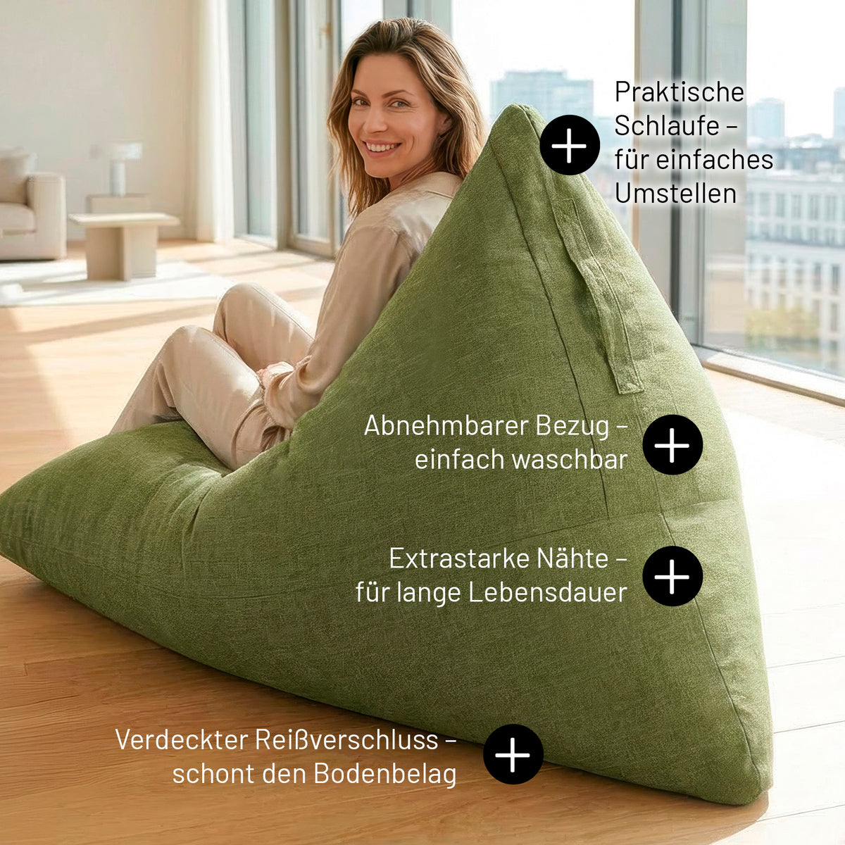 Sitzsack Interior Line (370 L) - indoor - Lime in Dreiecksform mit abnehmbarem Bezug und praktischem Tragegriff im modernen Wohnraum.