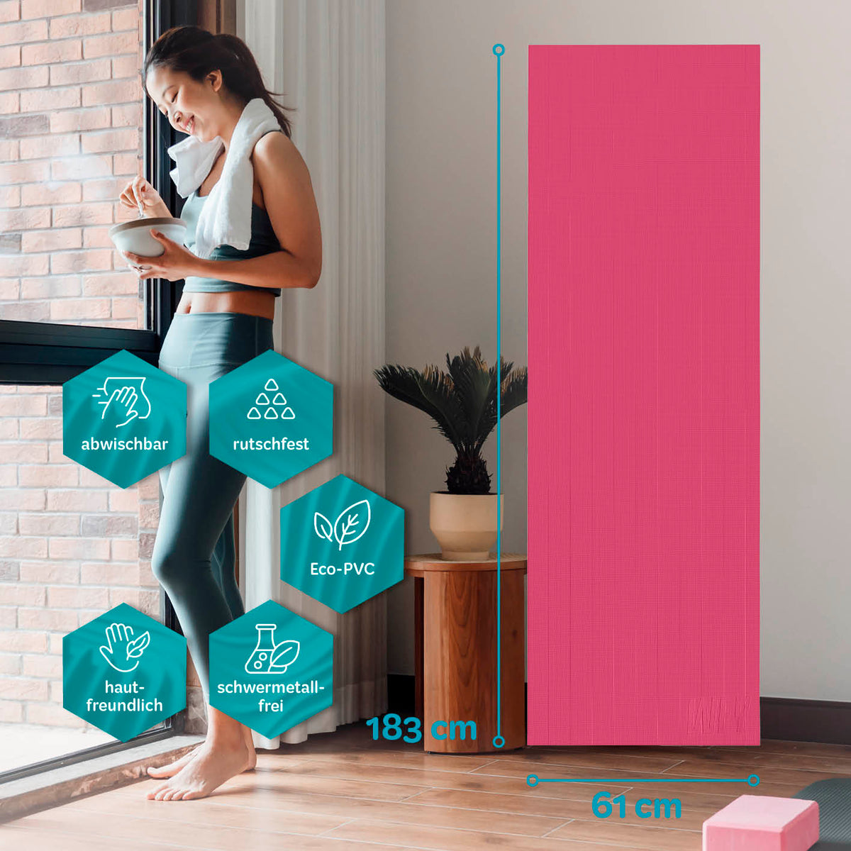 Yogamatte Kirana - 183 x 61 x 0,4 cm - Altrose, rutschfest, abwaschbar, hautfreundlich, aus flexiblem Eco-PVC, langlebig und pflegeleicht.