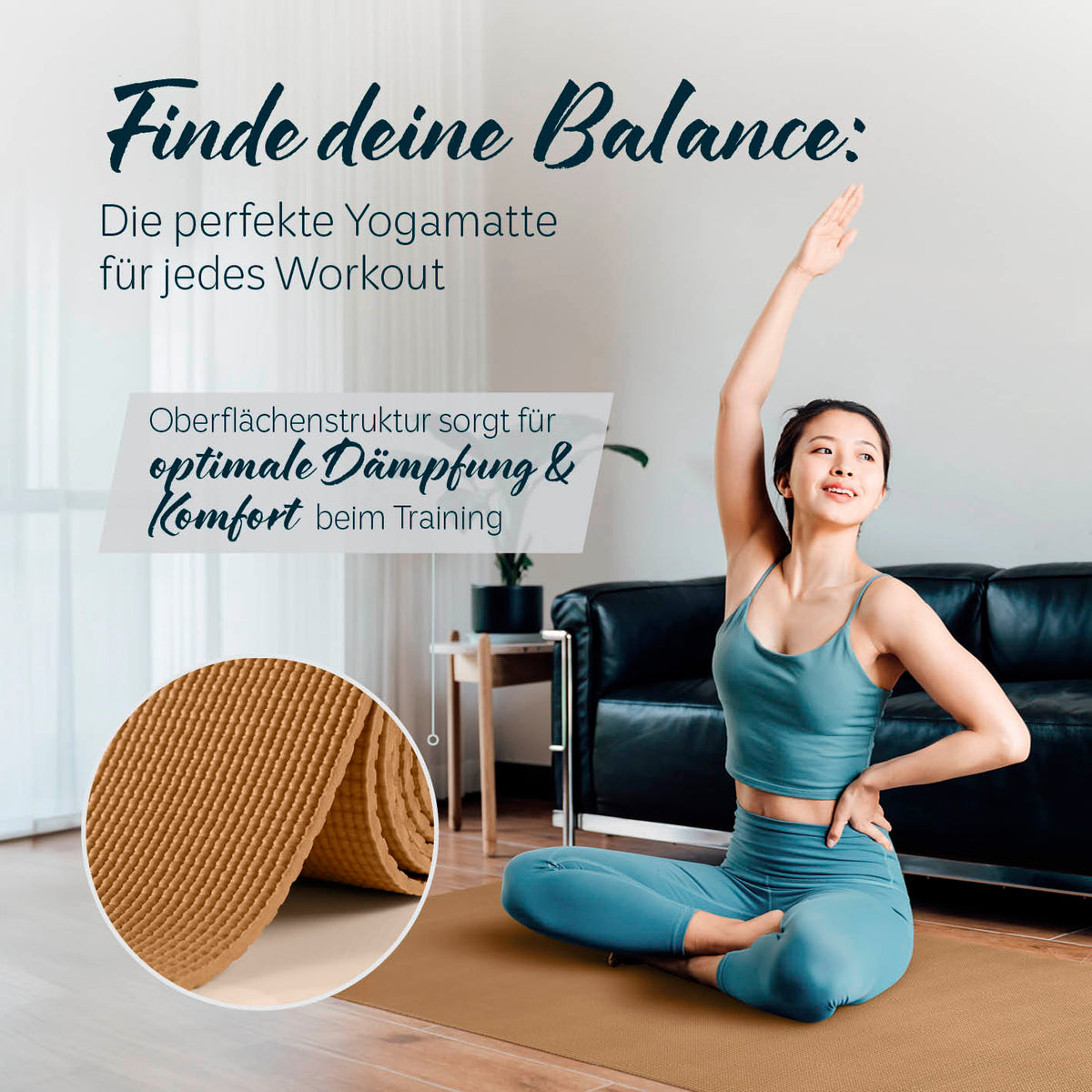 Yogamatte Kirana - 183 x 61 x 0,4 cm - Caramel mit weicher Oberfläche für optimale Dämpfung und Komfort beim Training.