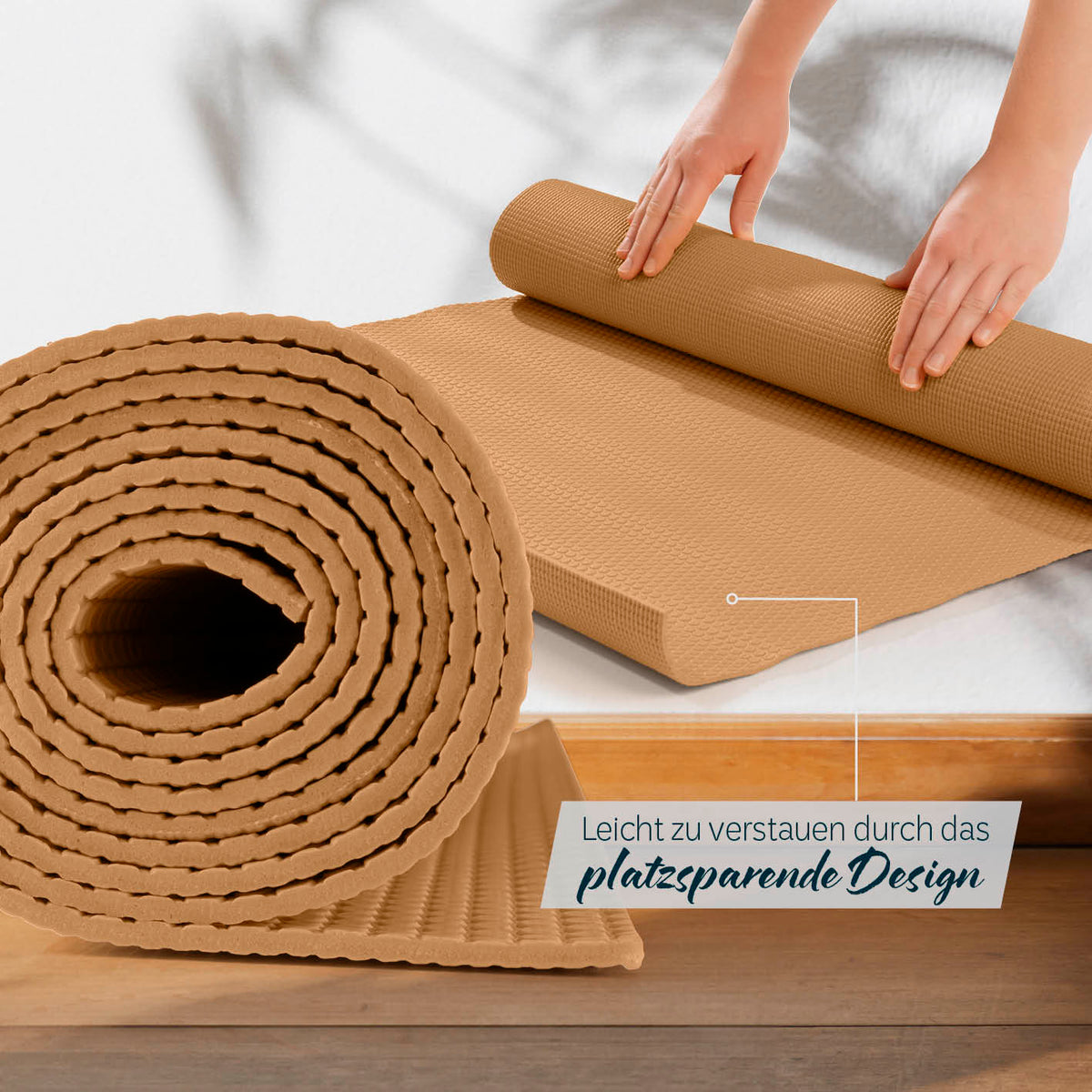 Yogamatte Kirana - 183 x 61 x 0,4 cm - Caramel, weiche, flexible und pflegeleichte ECO-PVC Trainingsmatte für Pilates und Fitness.
